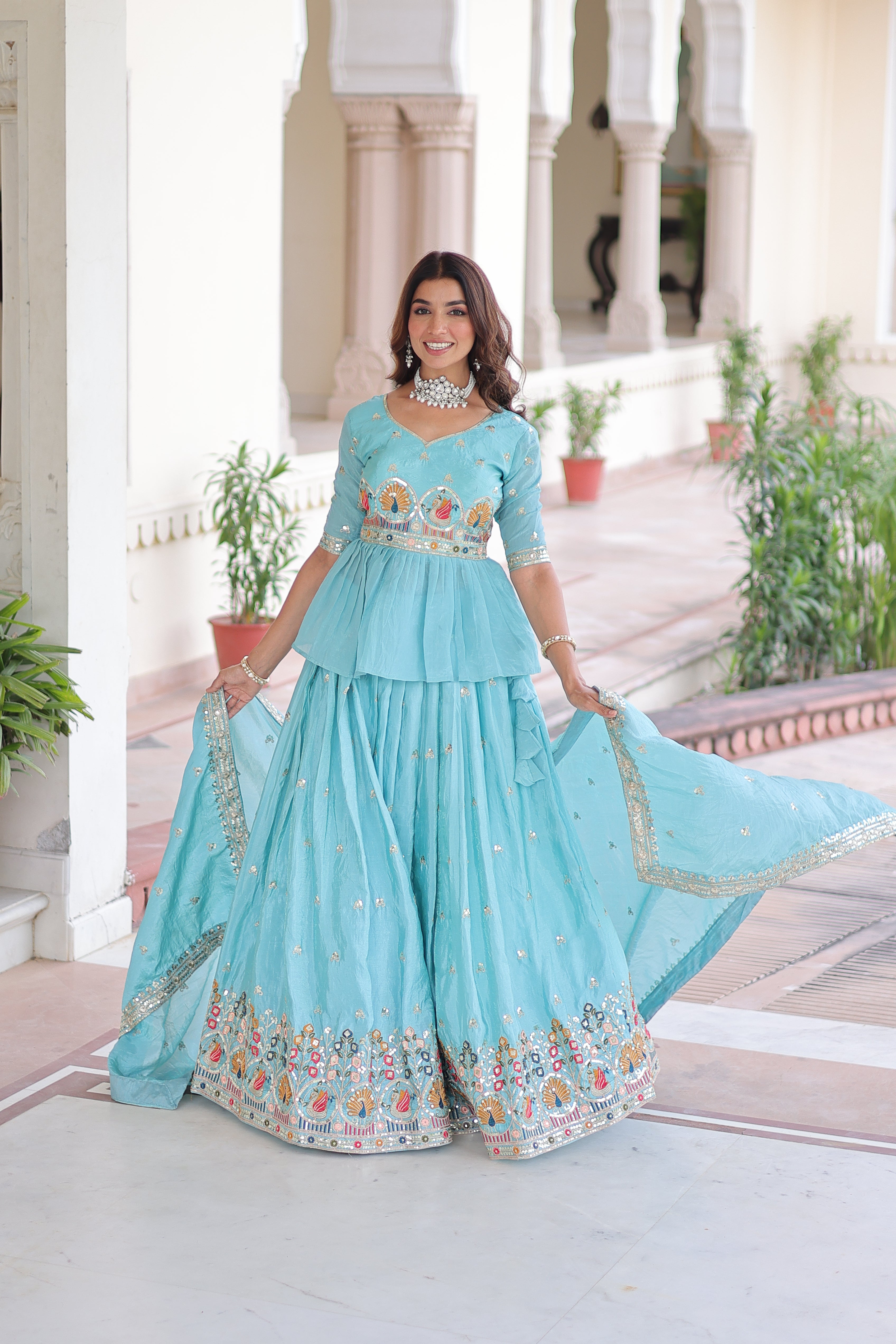 Blue Silk Sequins Festive Lehenga With Peplum Top for Women