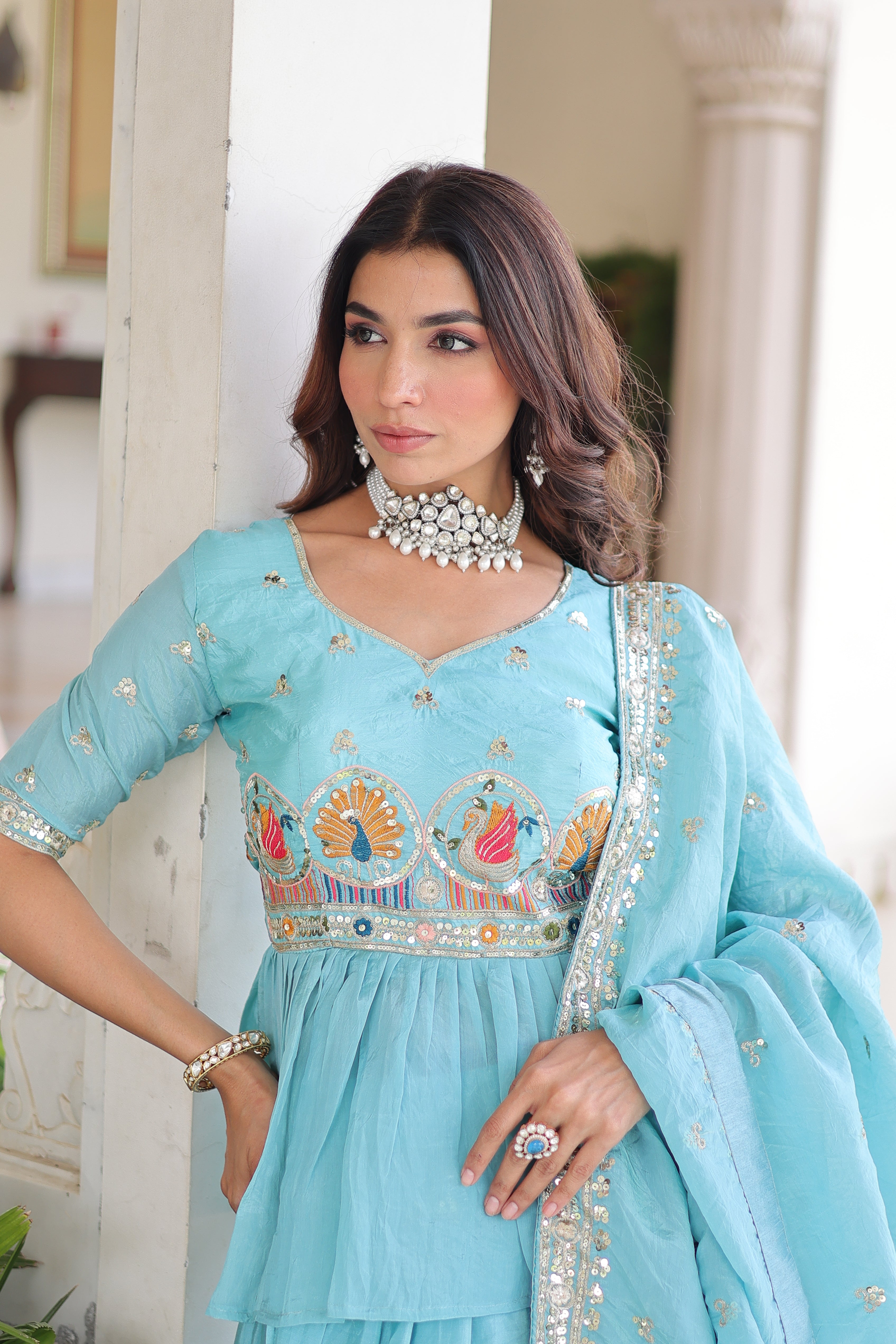 Blue Silk Sequins Festive Lehenga With Peplum Top for Women