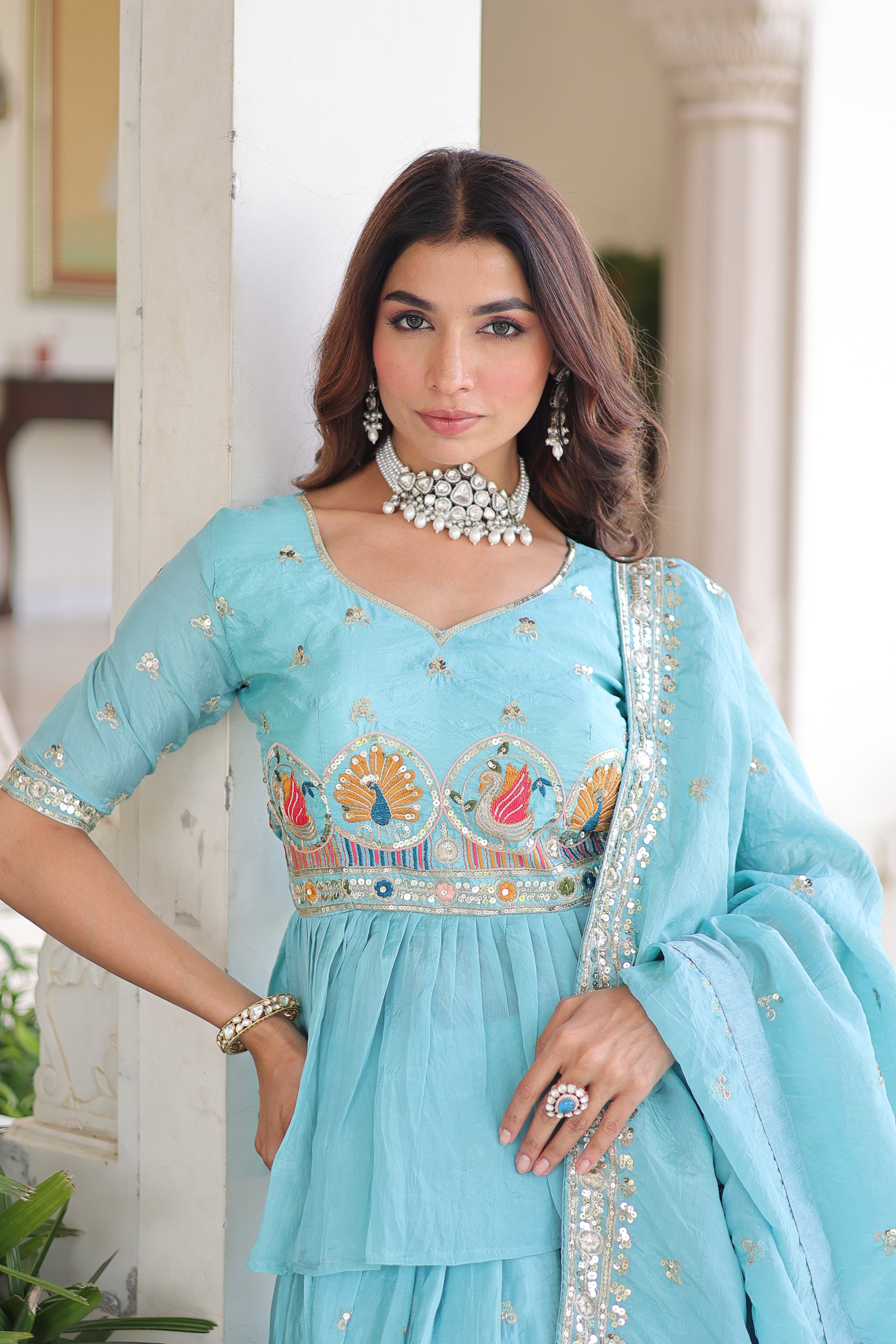 Blue Silk Sequins Festive Lehenga With Peplum Top for Women