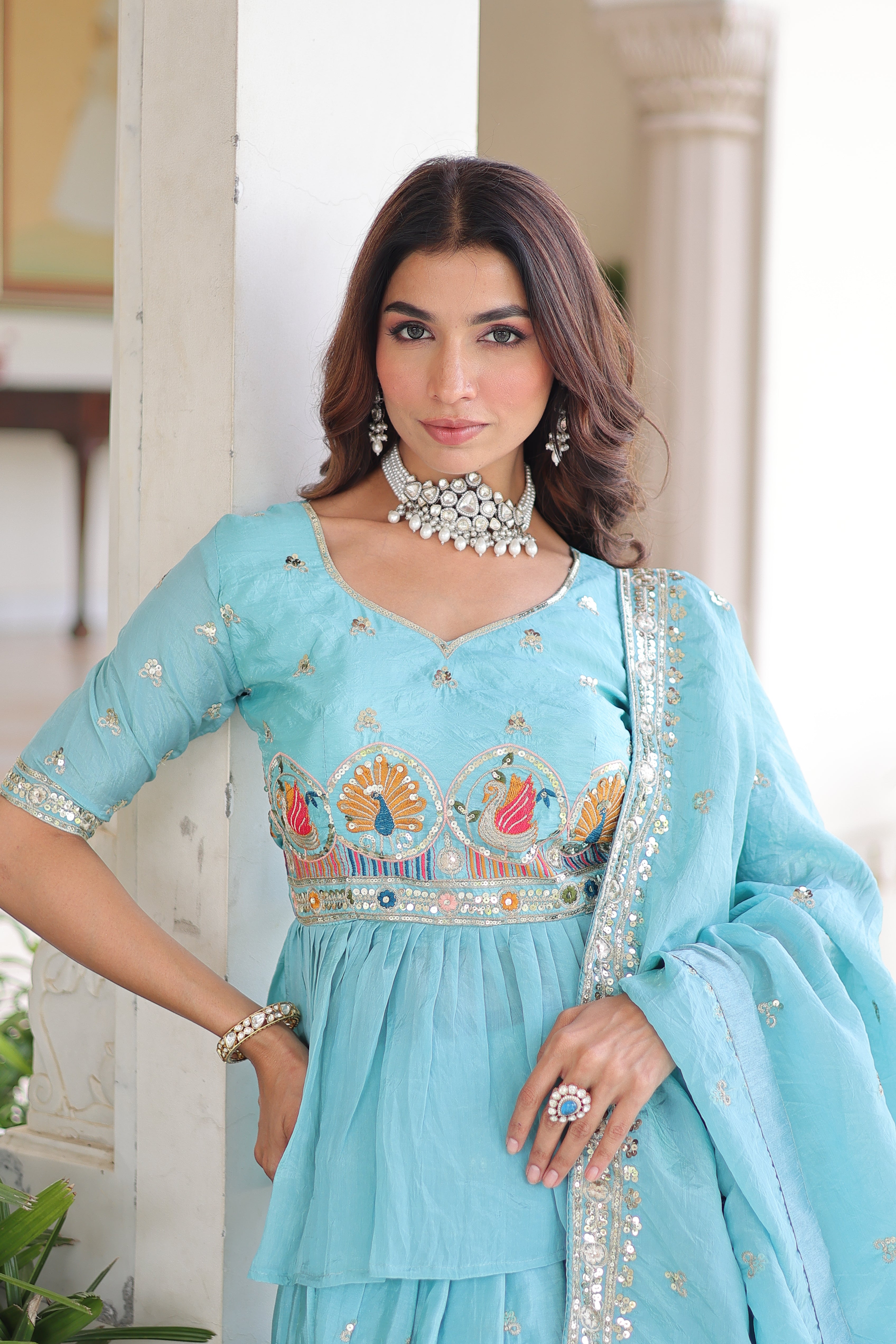 Blue Silk Sequins Festive Lehenga With Peplum Top for Women