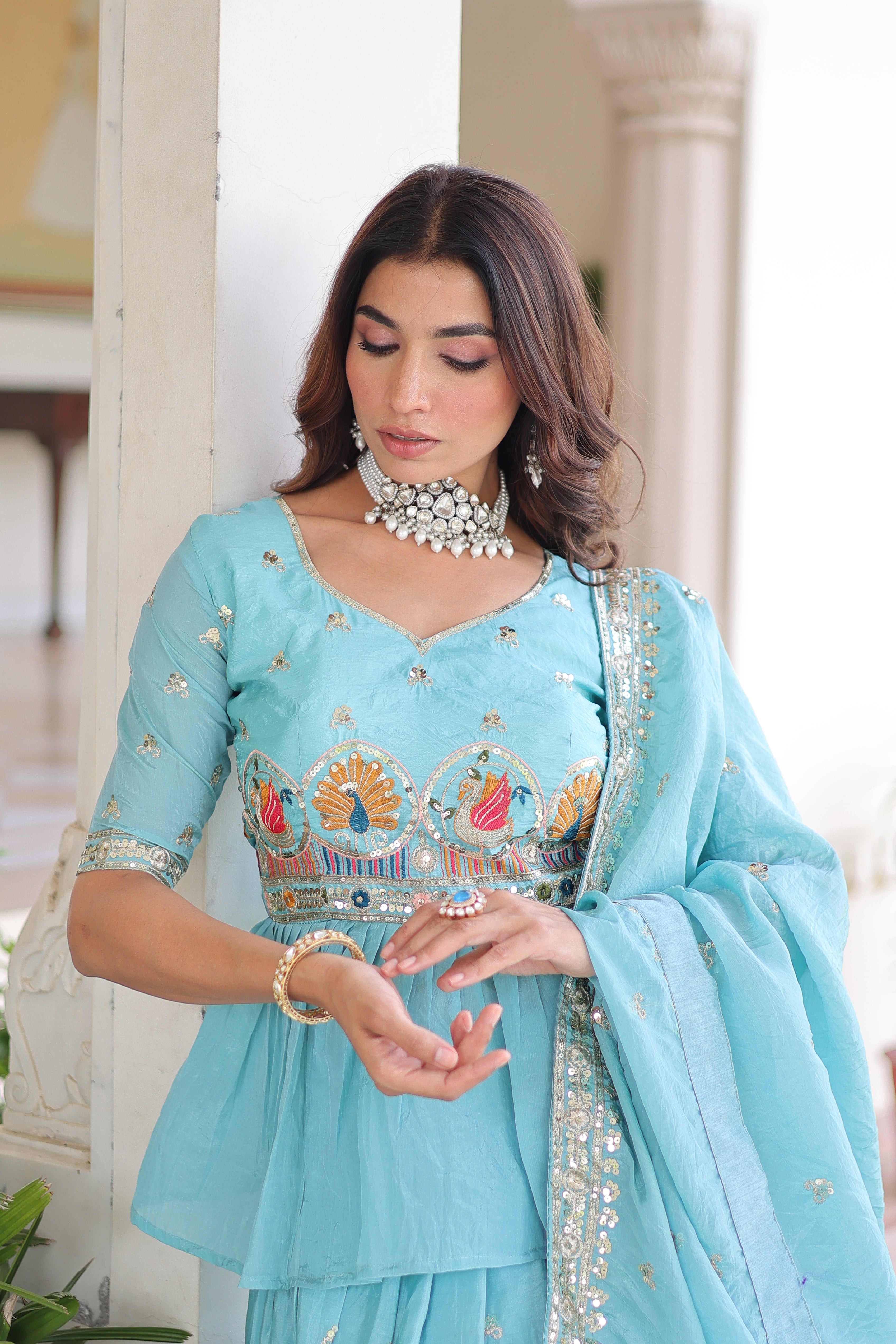 Blue Silk Sequins Festive Lehenga With Peplum Top for Women