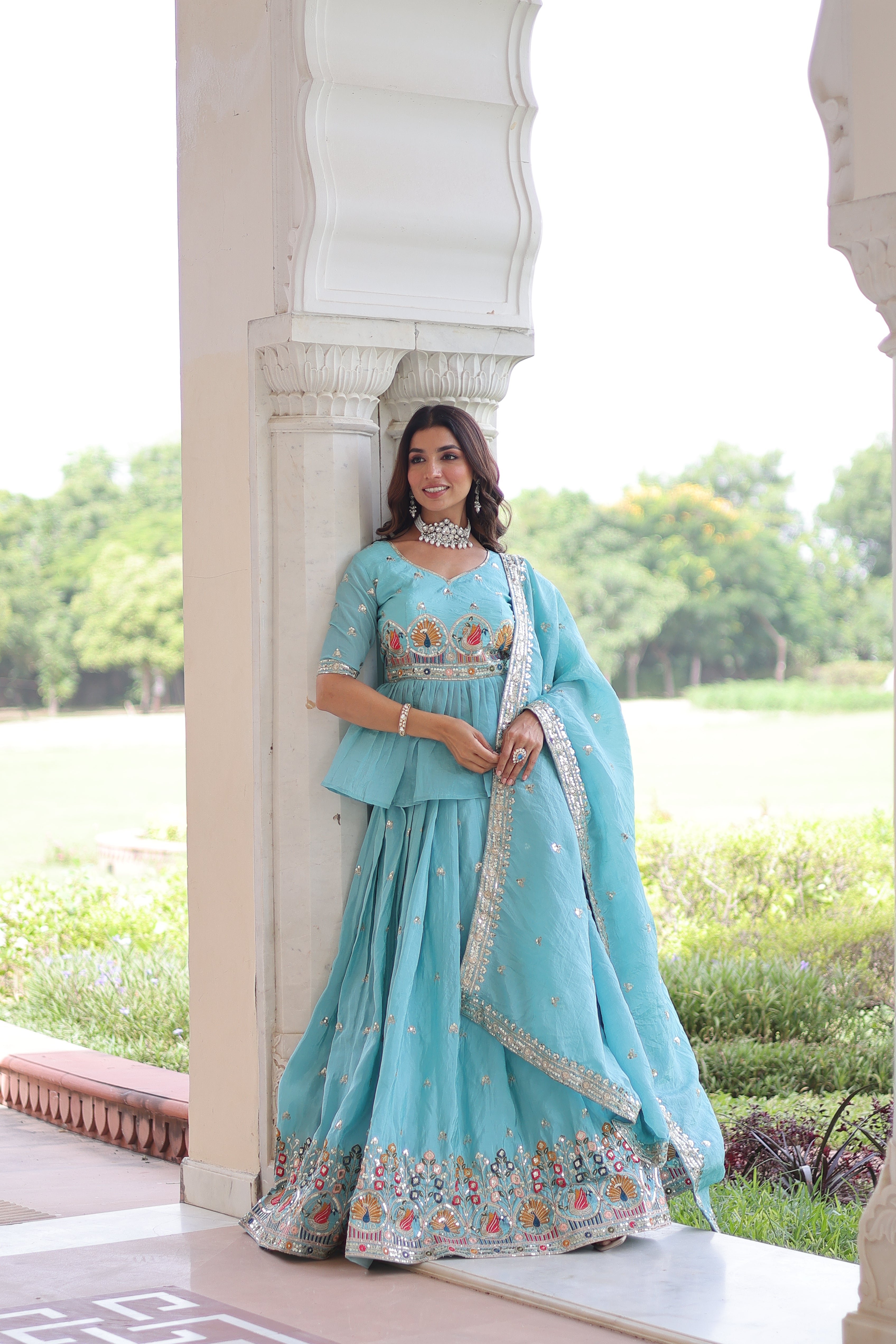 Blue Silk Sequins Festive Lehenga With Peplum Top for Women