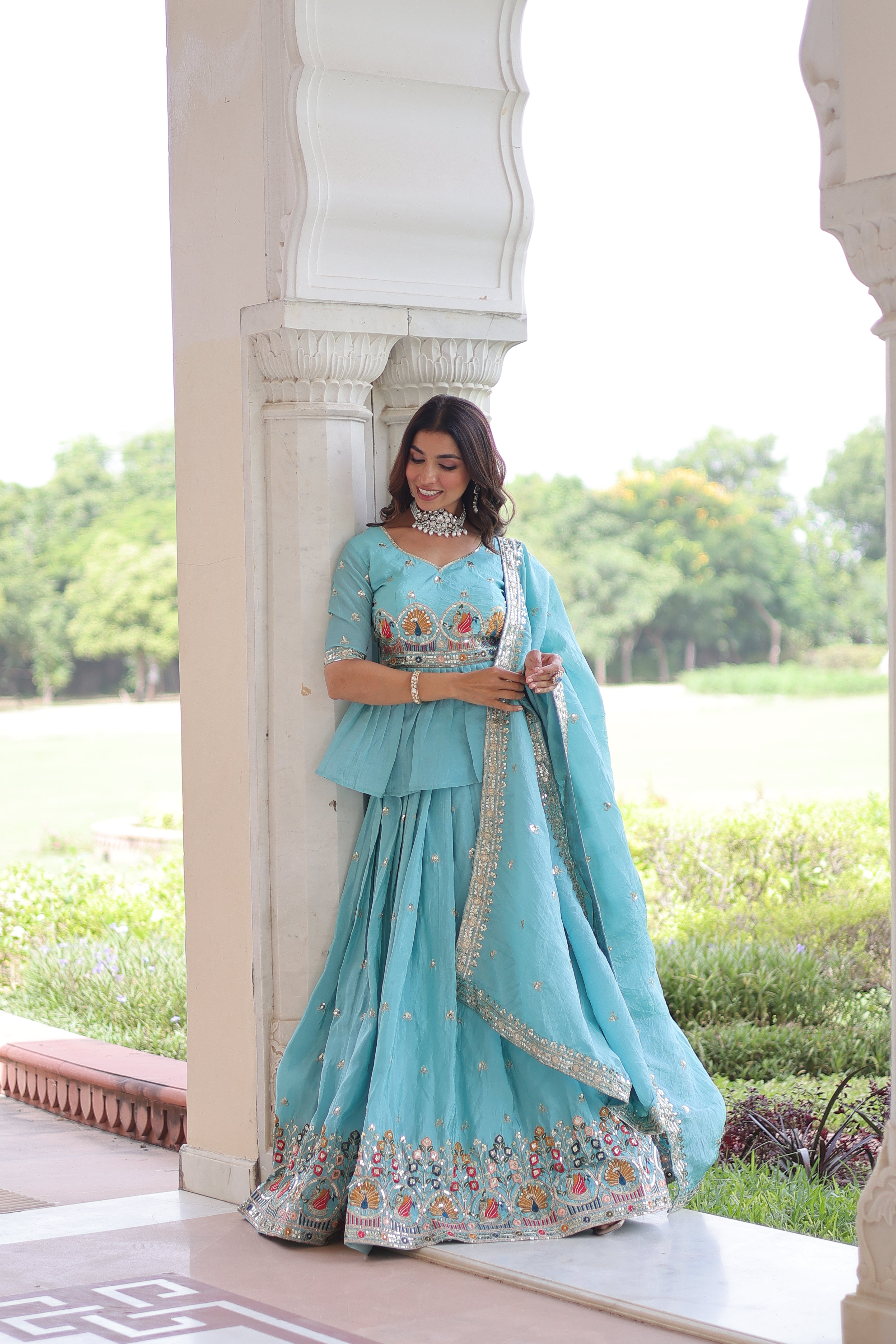 Blue Silk Sequins Festive Lehenga With Peplum Top for Women