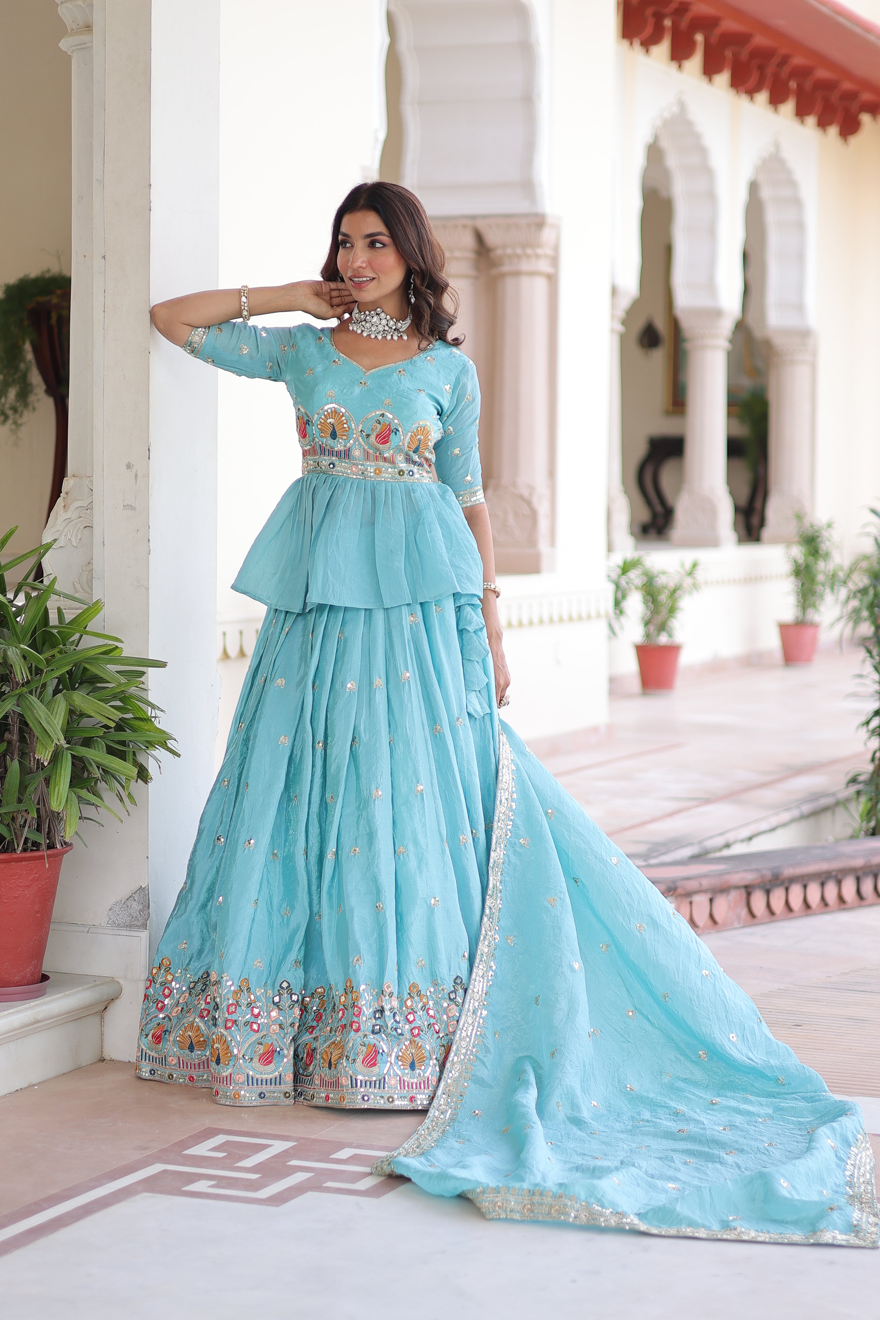 Blue Silk Sequins Festive Lehenga With Peplum Top for Women