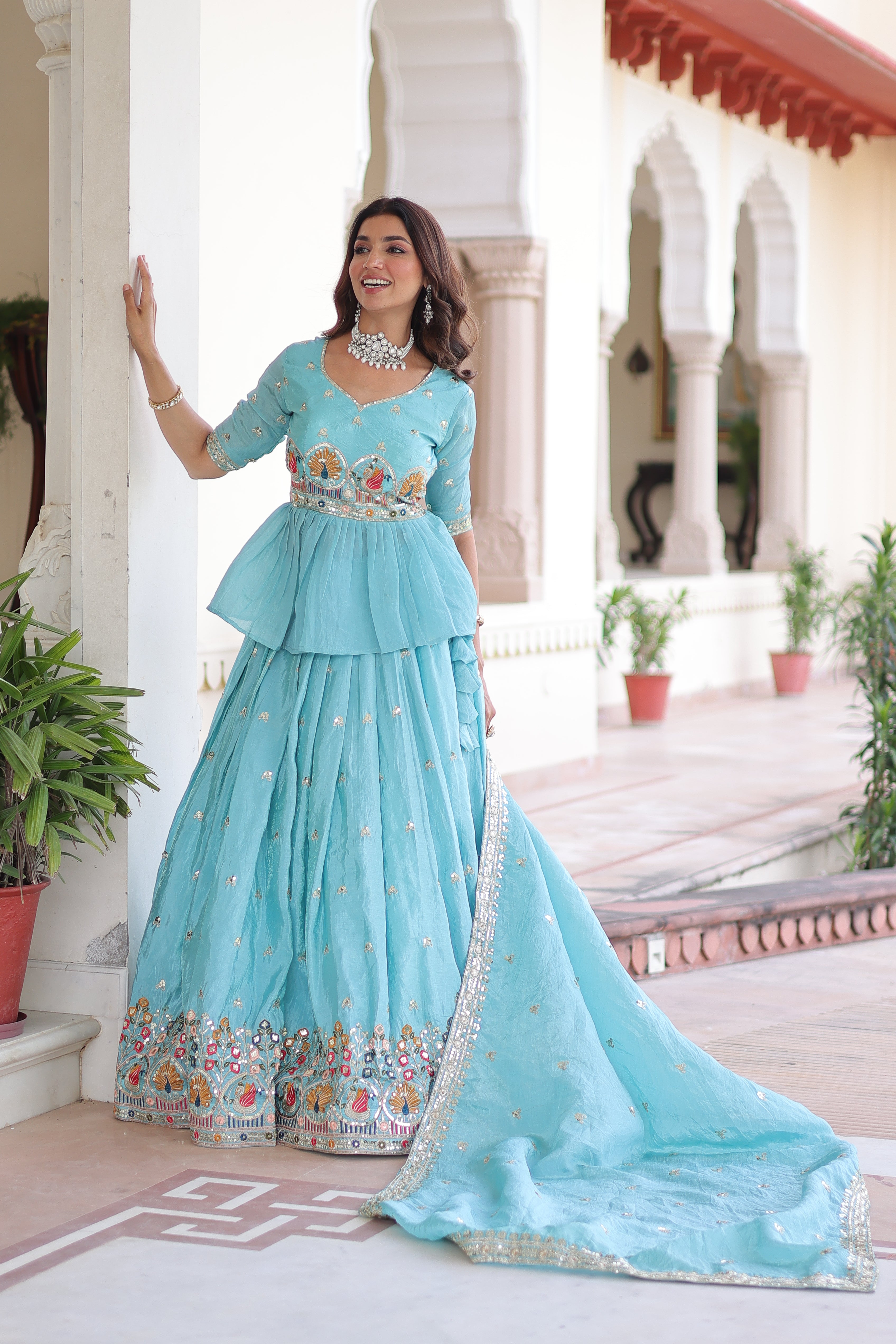 Blue Silk Sequins Festive Lehenga With Peplum Top for Women