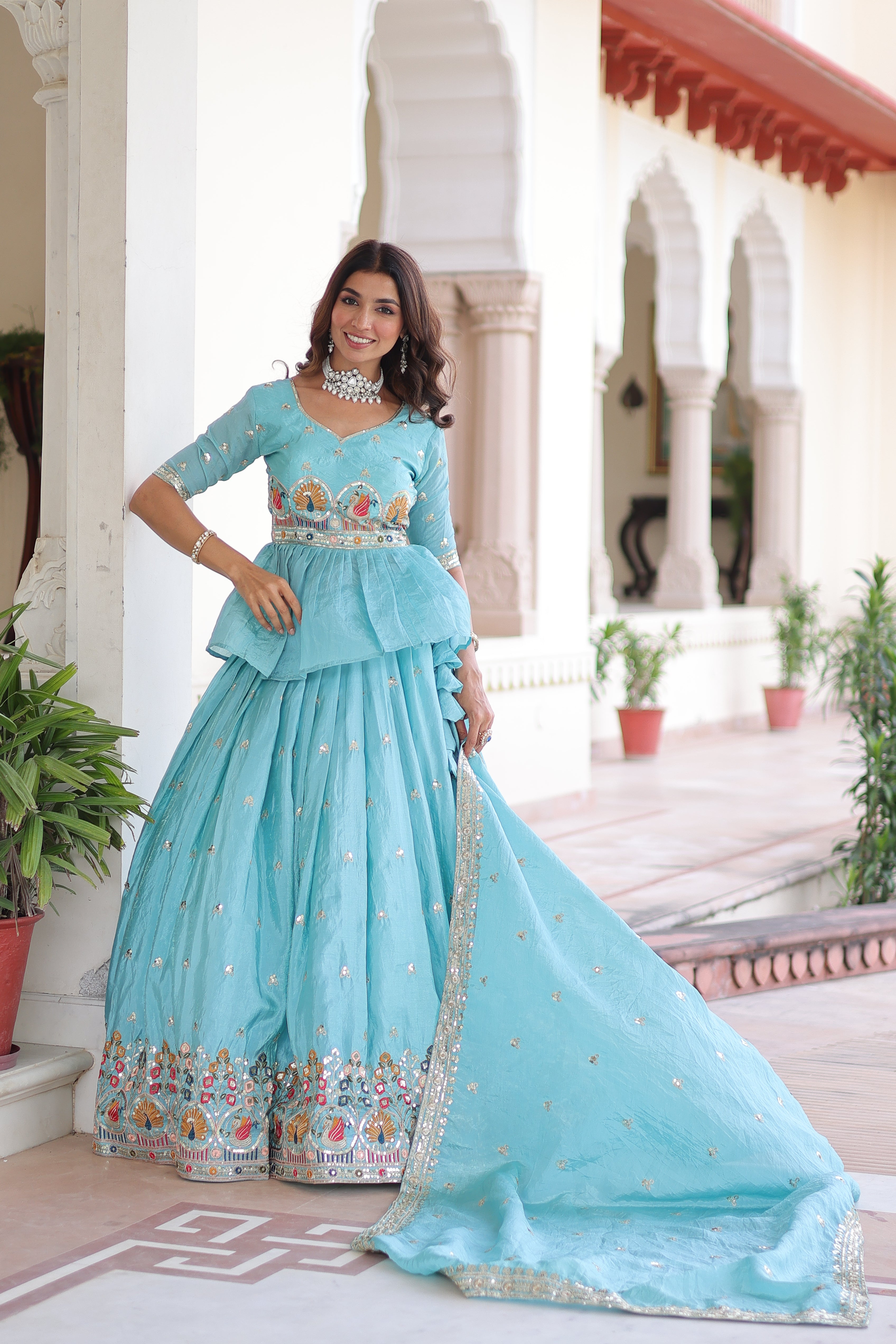 Blue Silk Sequins Festive Lehenga With Peplum Top for Women