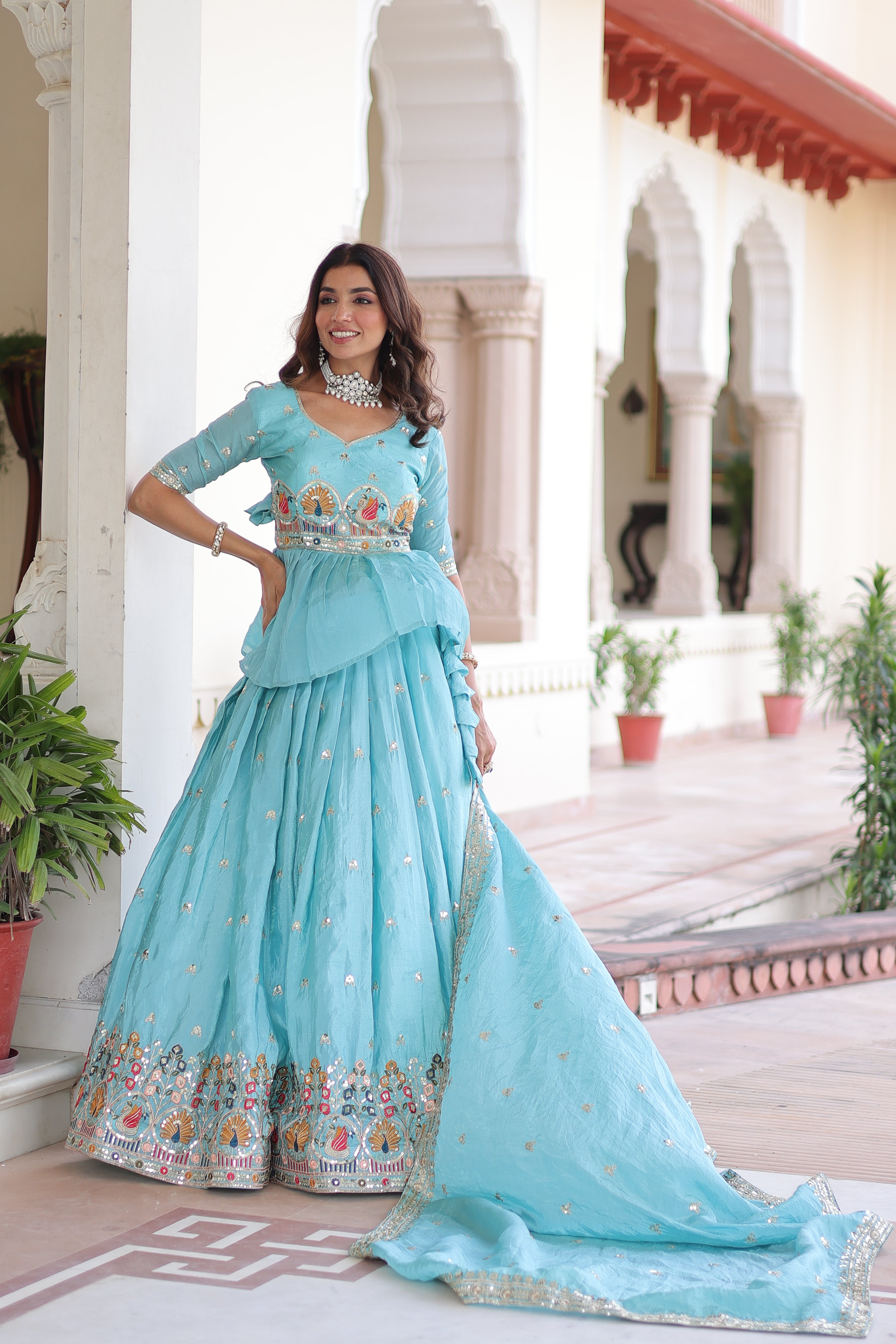 Blue Silk Sequins Festive Lehenga With Peplum Top for Women