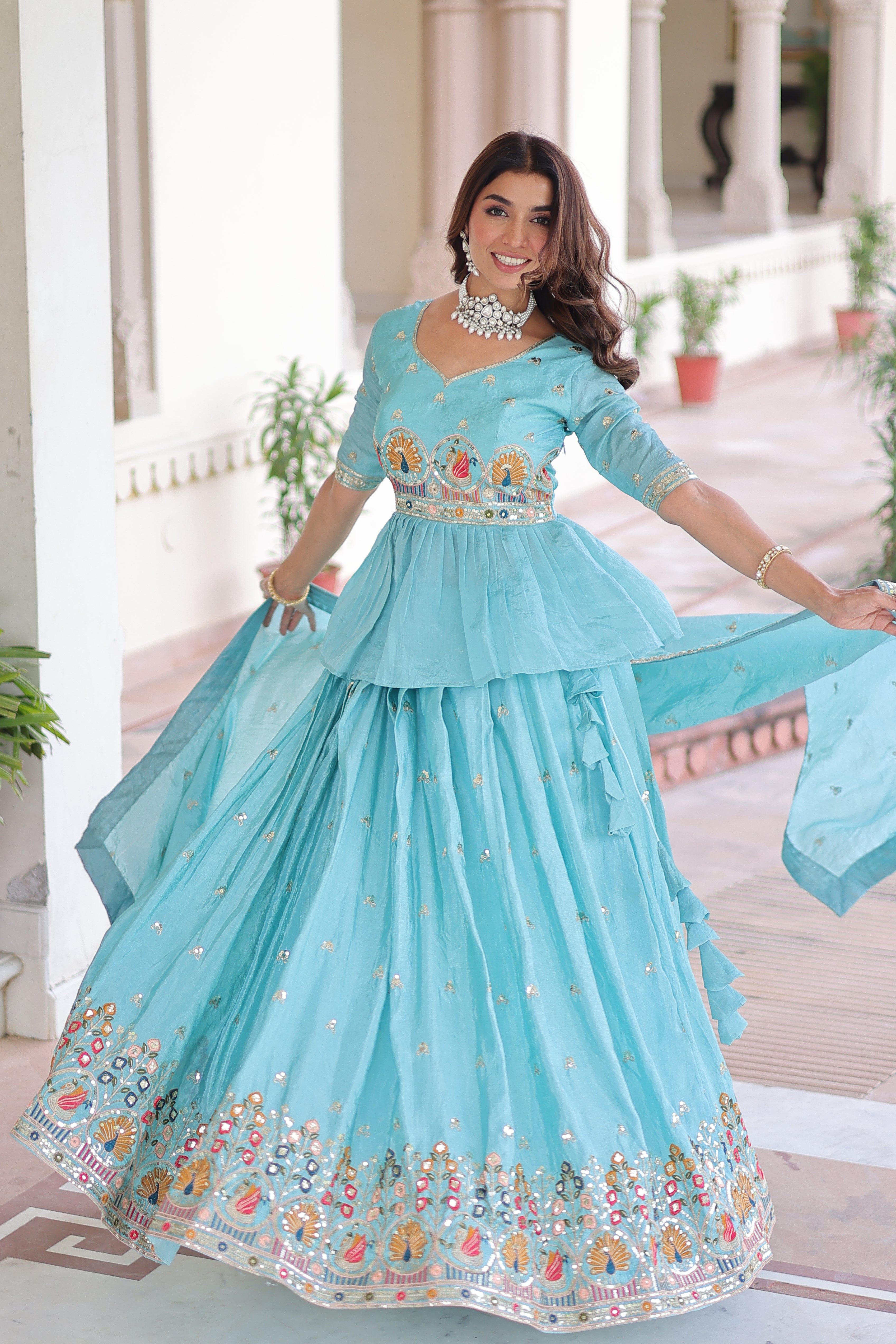 Blue Silk Sequins Festive Lehenga With Peplum Top for Women