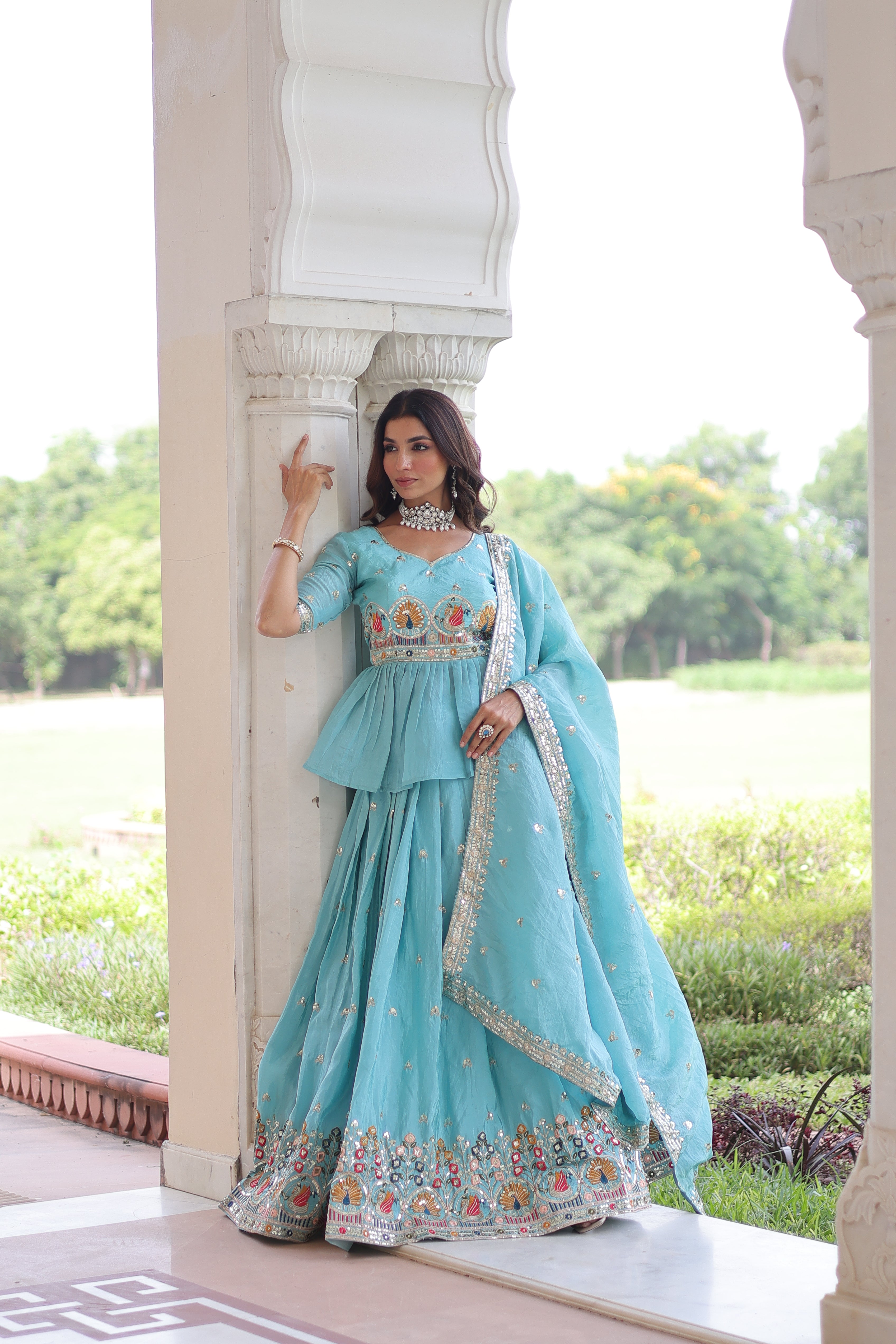 Blue Silk Sequins Festive Lehenga With Peplum Top for Women
