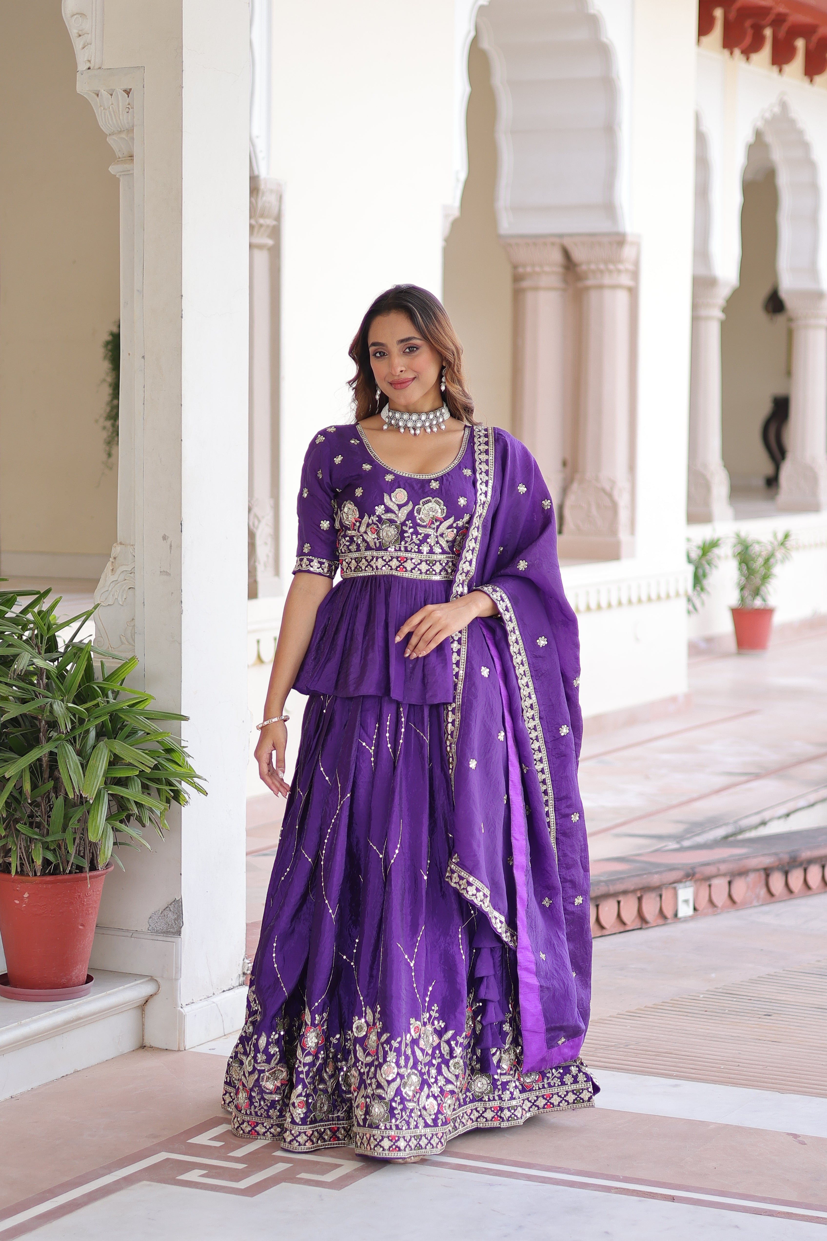 Purple Organza Sequins Festive Lehenga With Peplum Top