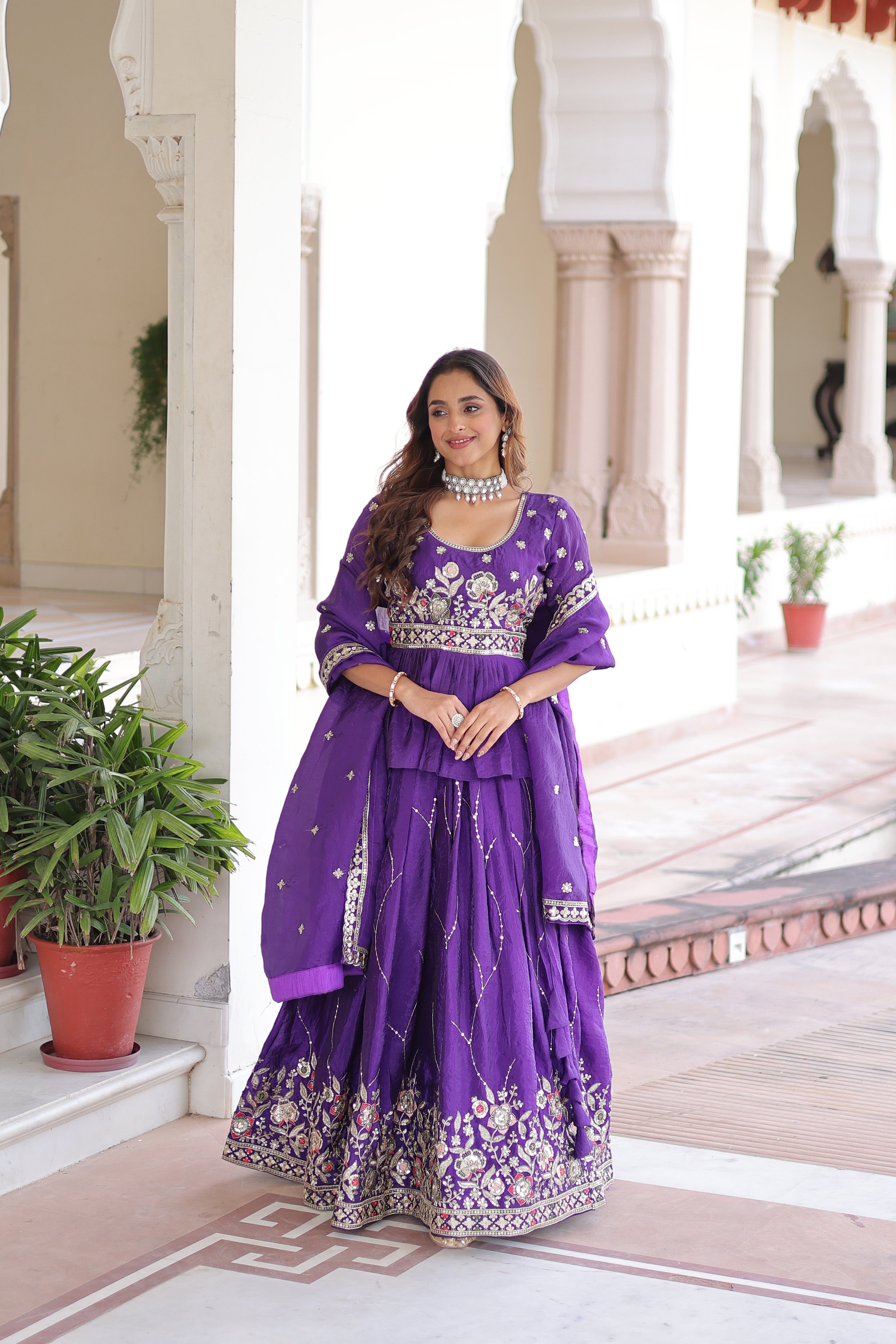 Purple Organza Sequins Festive Lehenga With Peplum Top