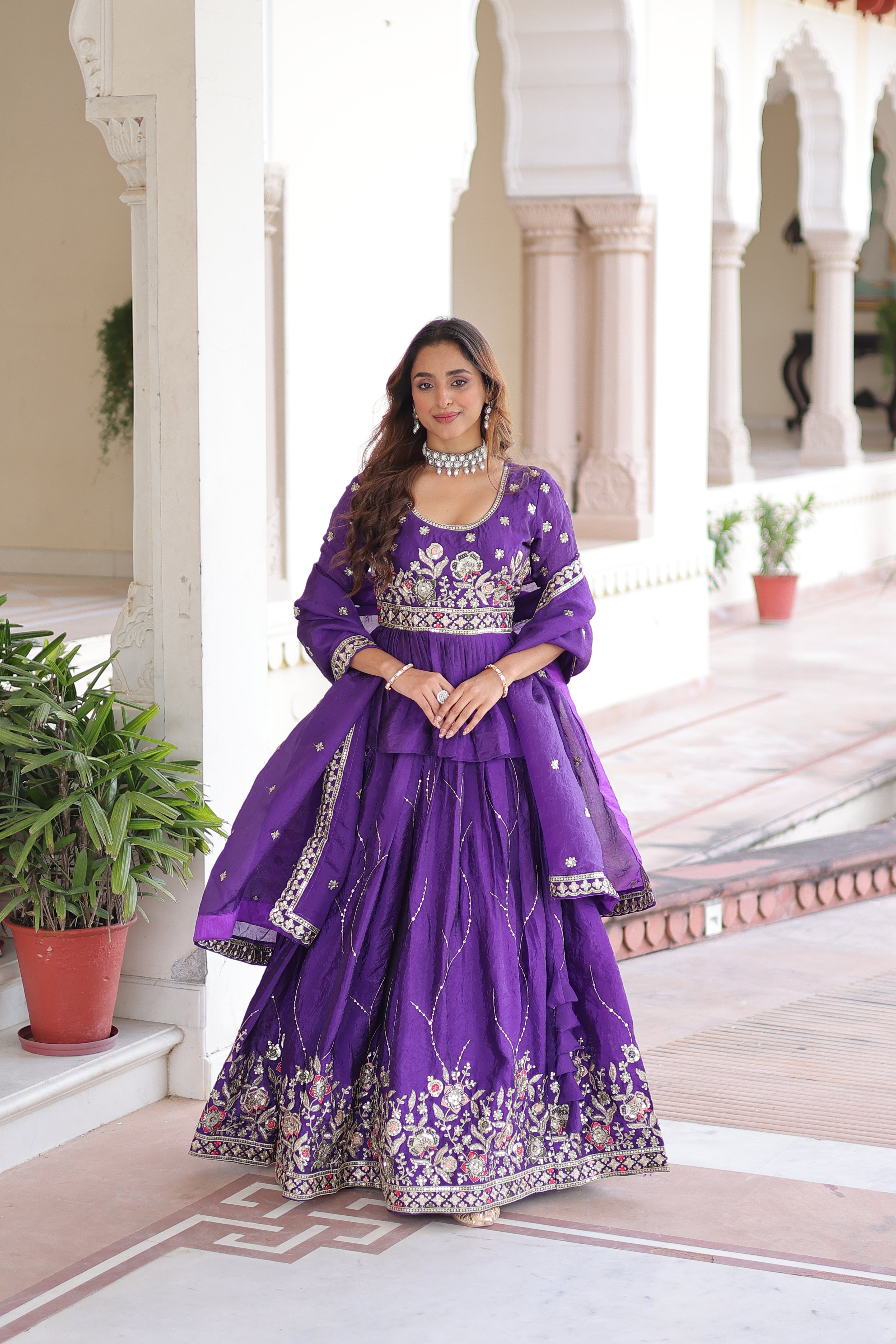 Purple Organza Sequins Festive Lehenga With Peplum Top