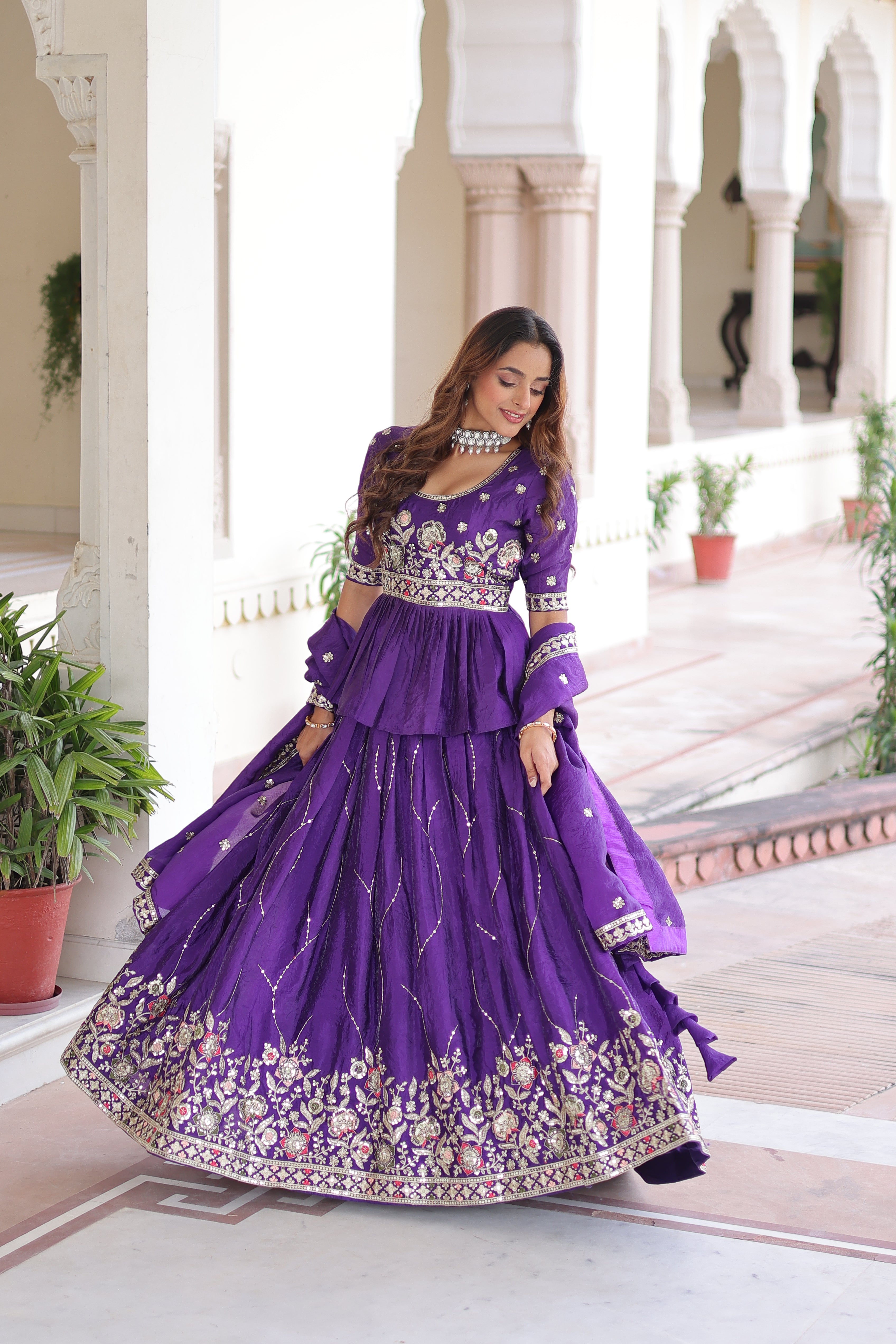 Purple Organza Sequins Festive Lehenga With Peplum Top