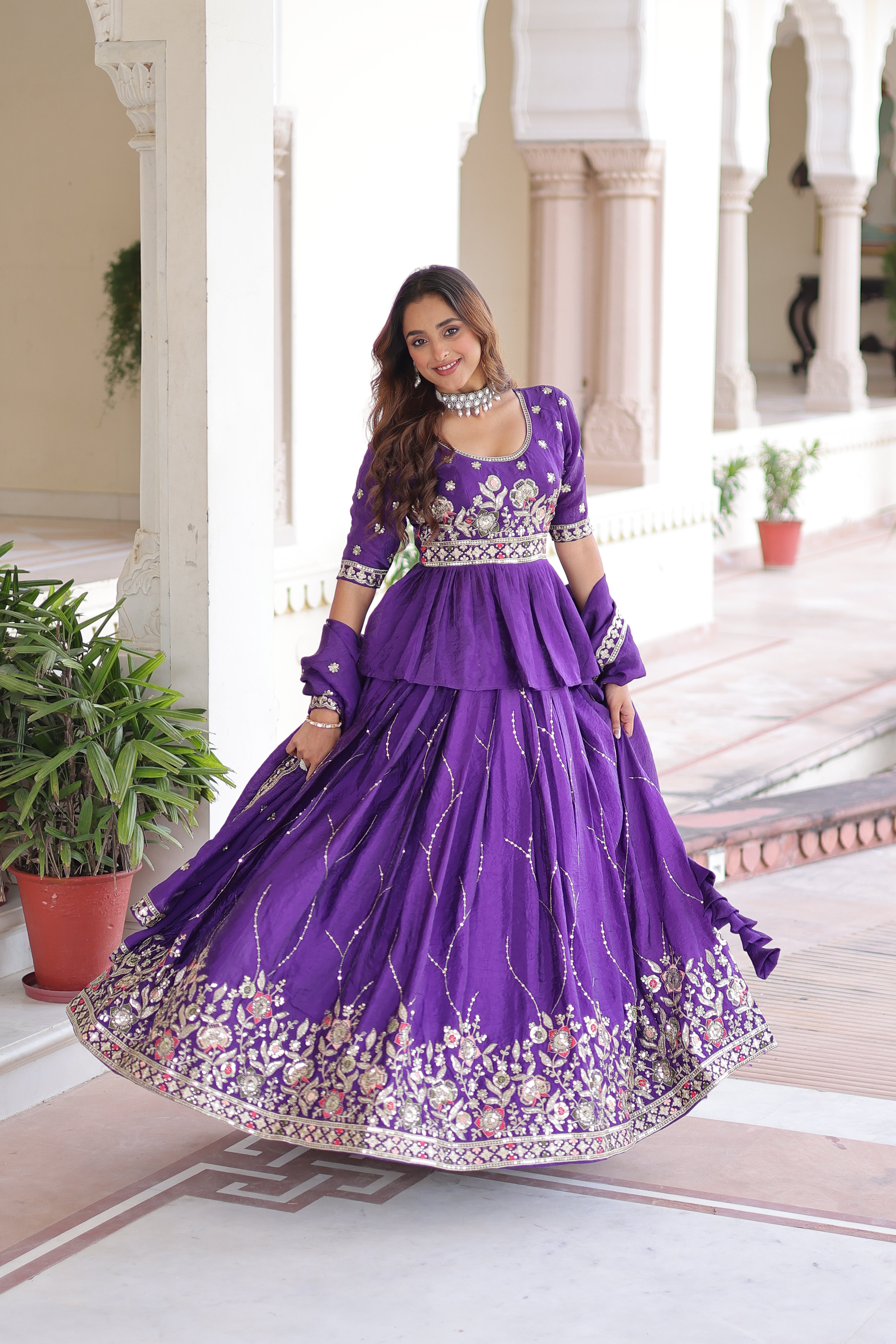 Purple Organza Sequins Festive Lehenga With Peplum Top