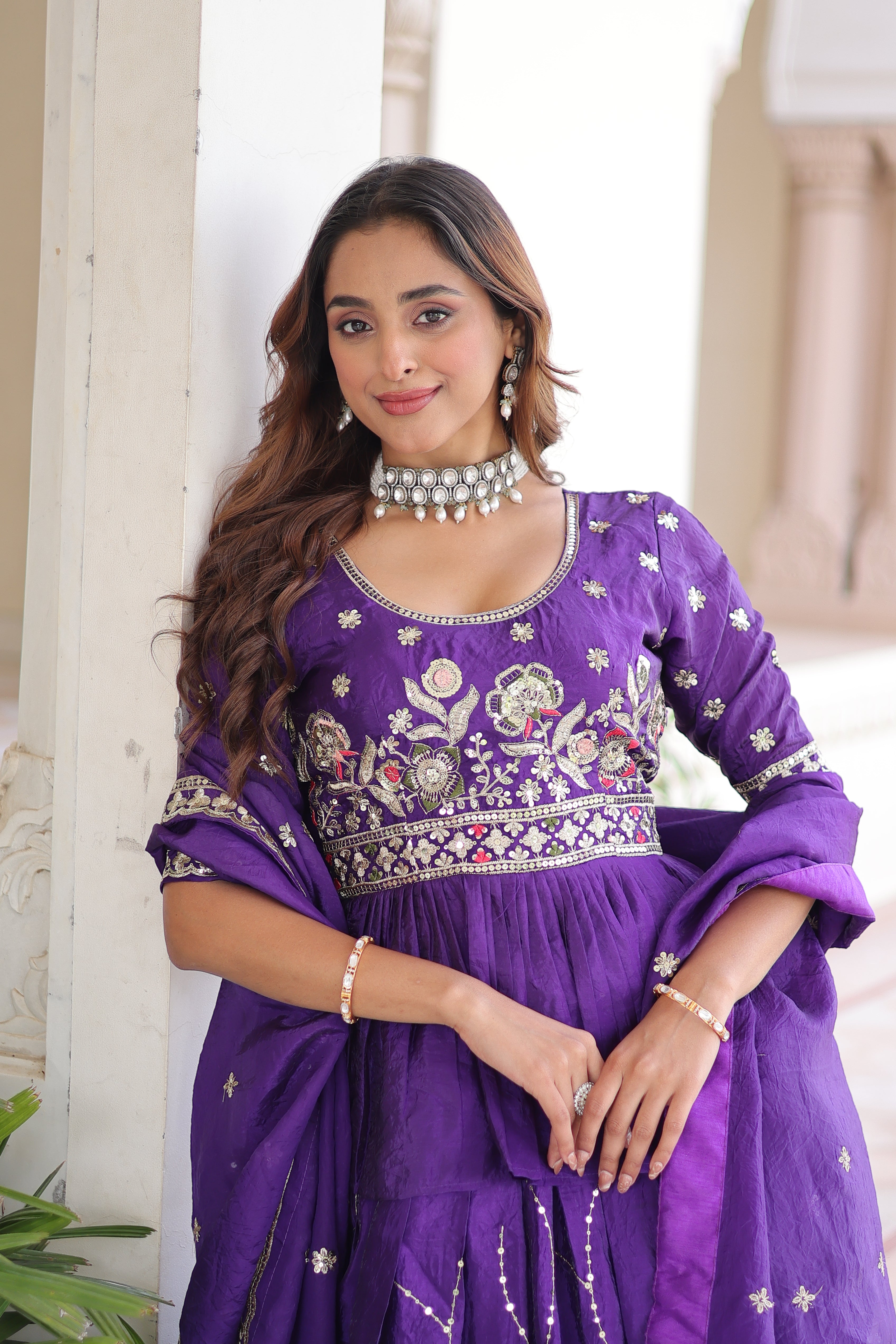 Purple Organza Sequins Festive Lehenga With Peplum Top