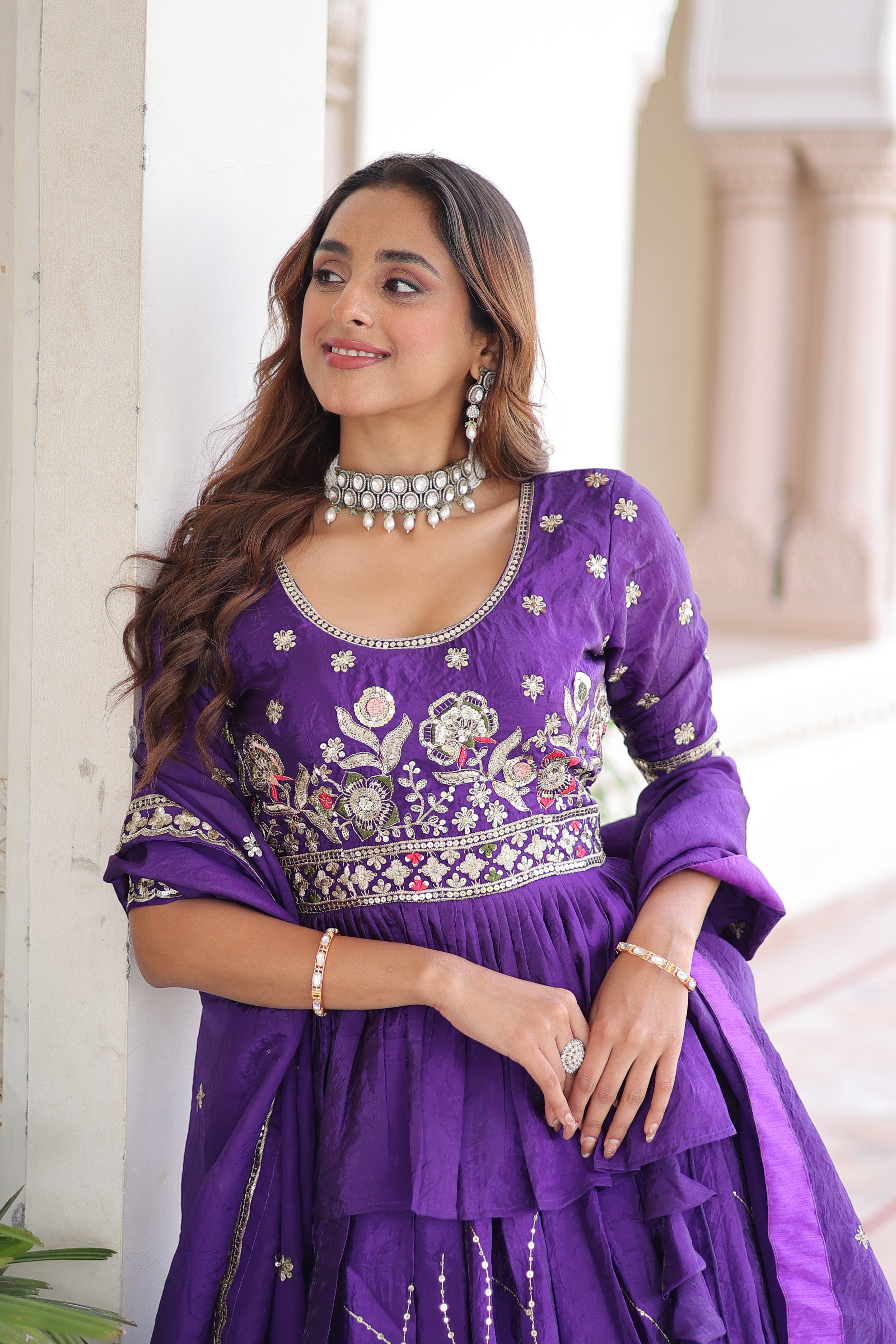 Purple Organza Sequins Festive Lehenga With Peplum Top