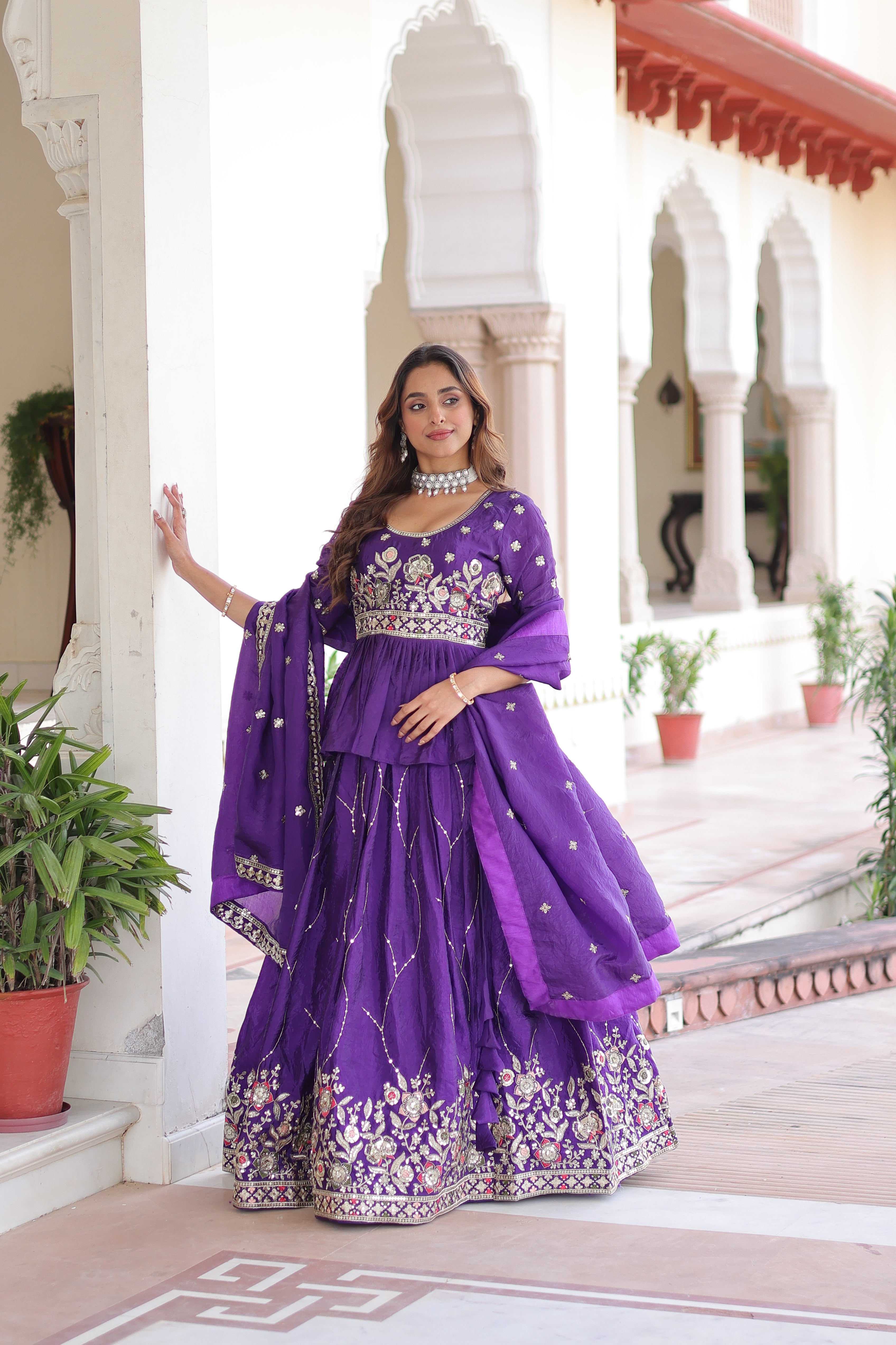 Purple Organza Sequins Festive Lehenga With Peplum Top