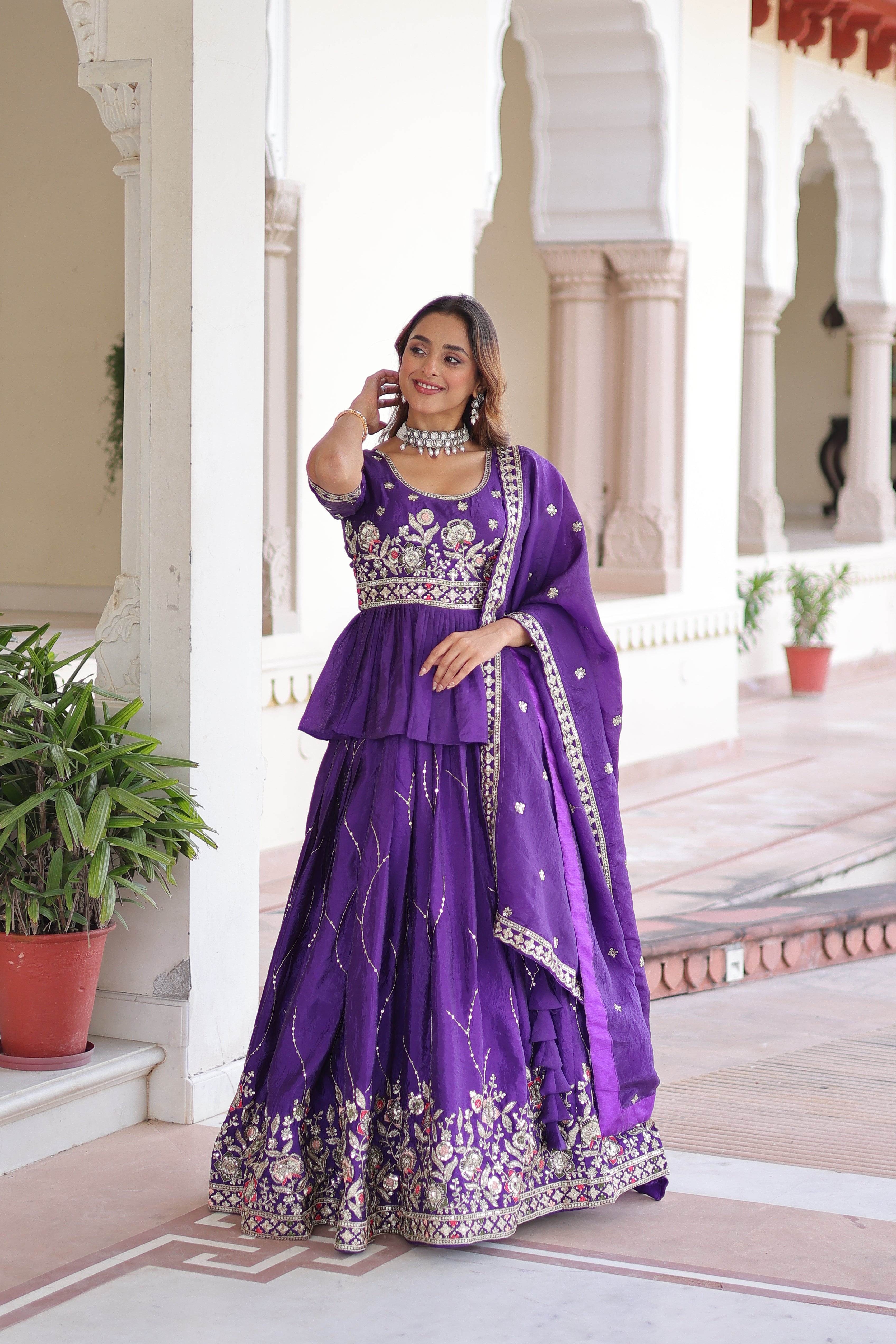 Purple Organza Sequins Festive Lehenga With Peplum Top