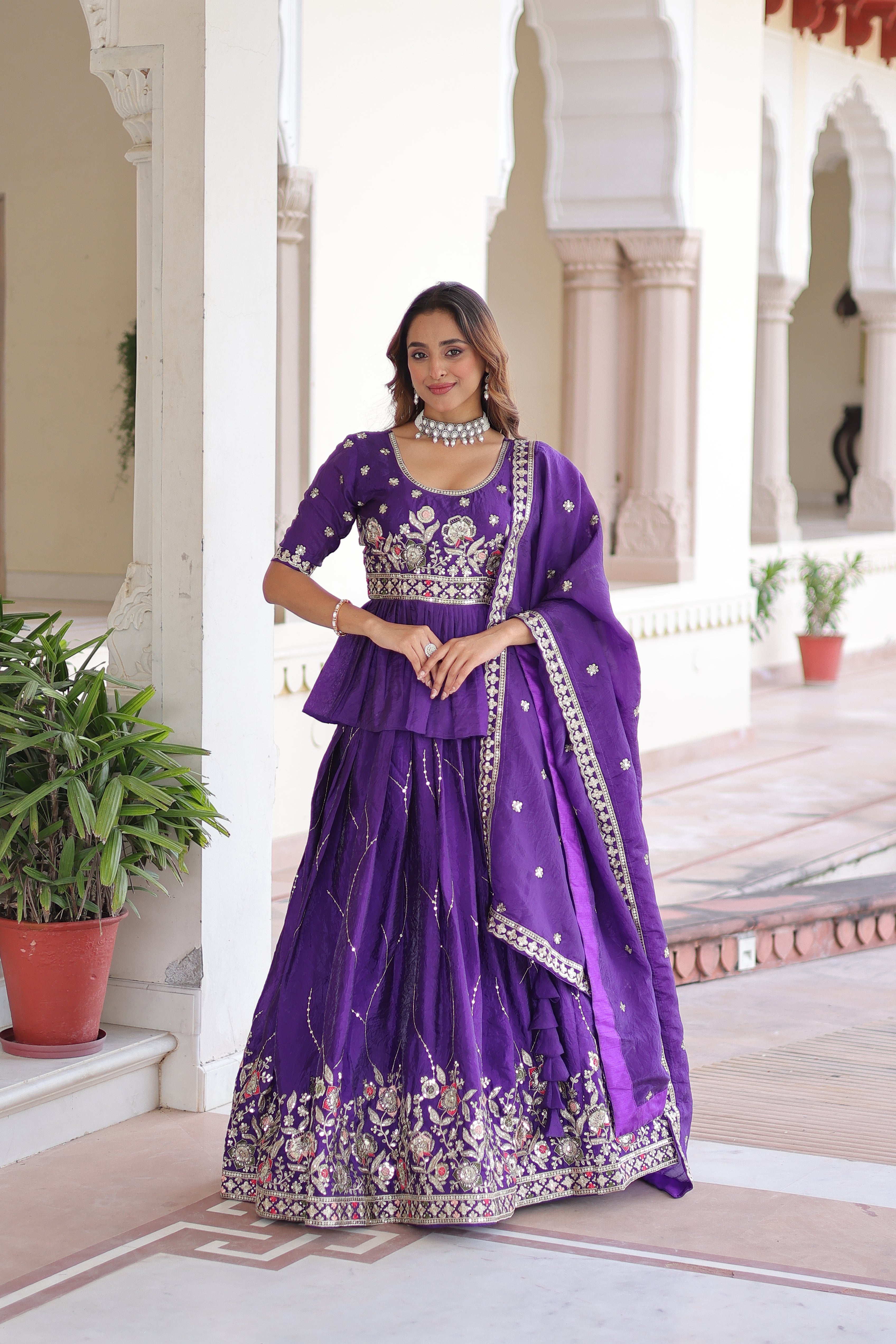 Purple Organza Sequins Festive Lehenga With Peplum Top