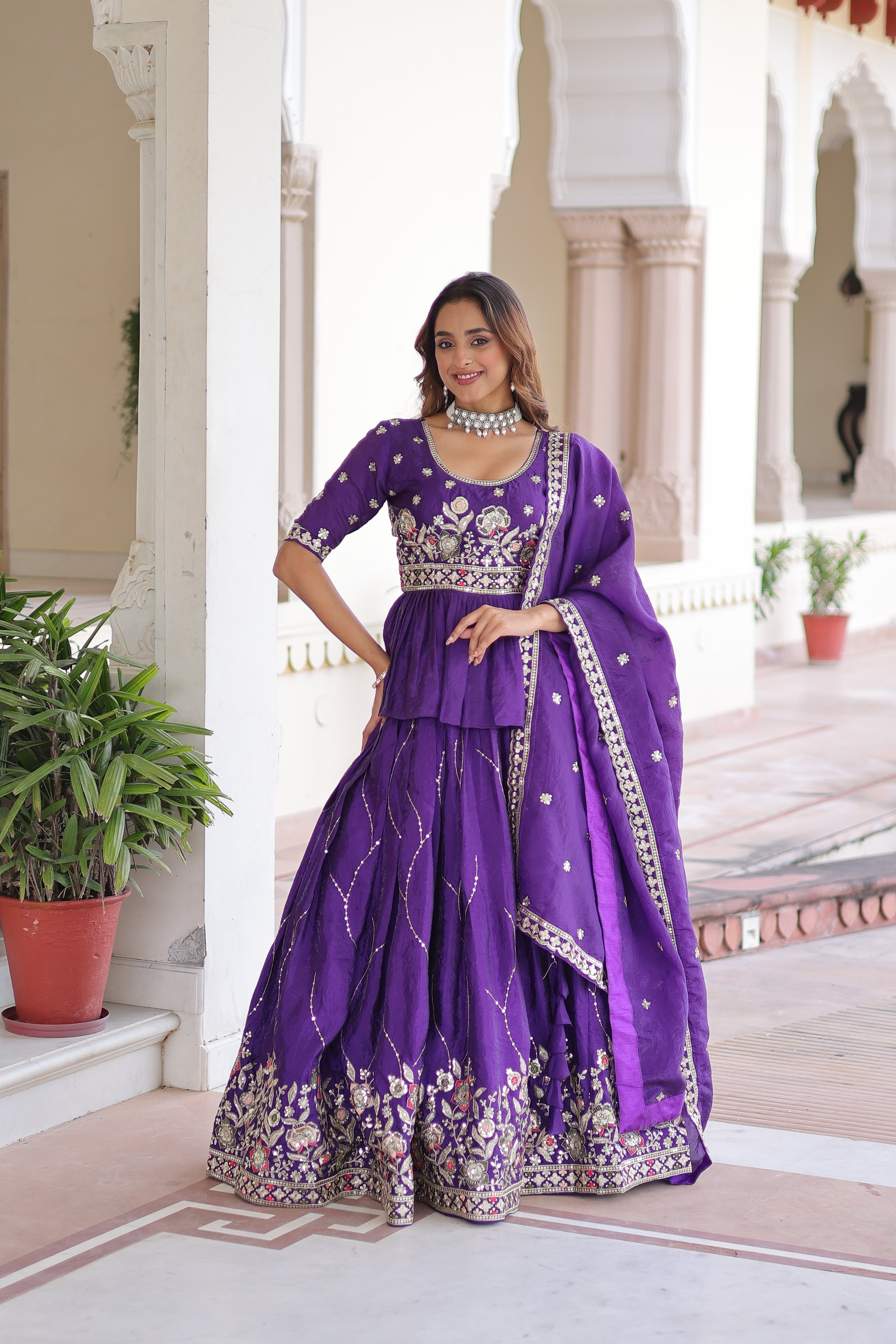 Purple Organza Sequins Festive Lehenga With Peplum Top