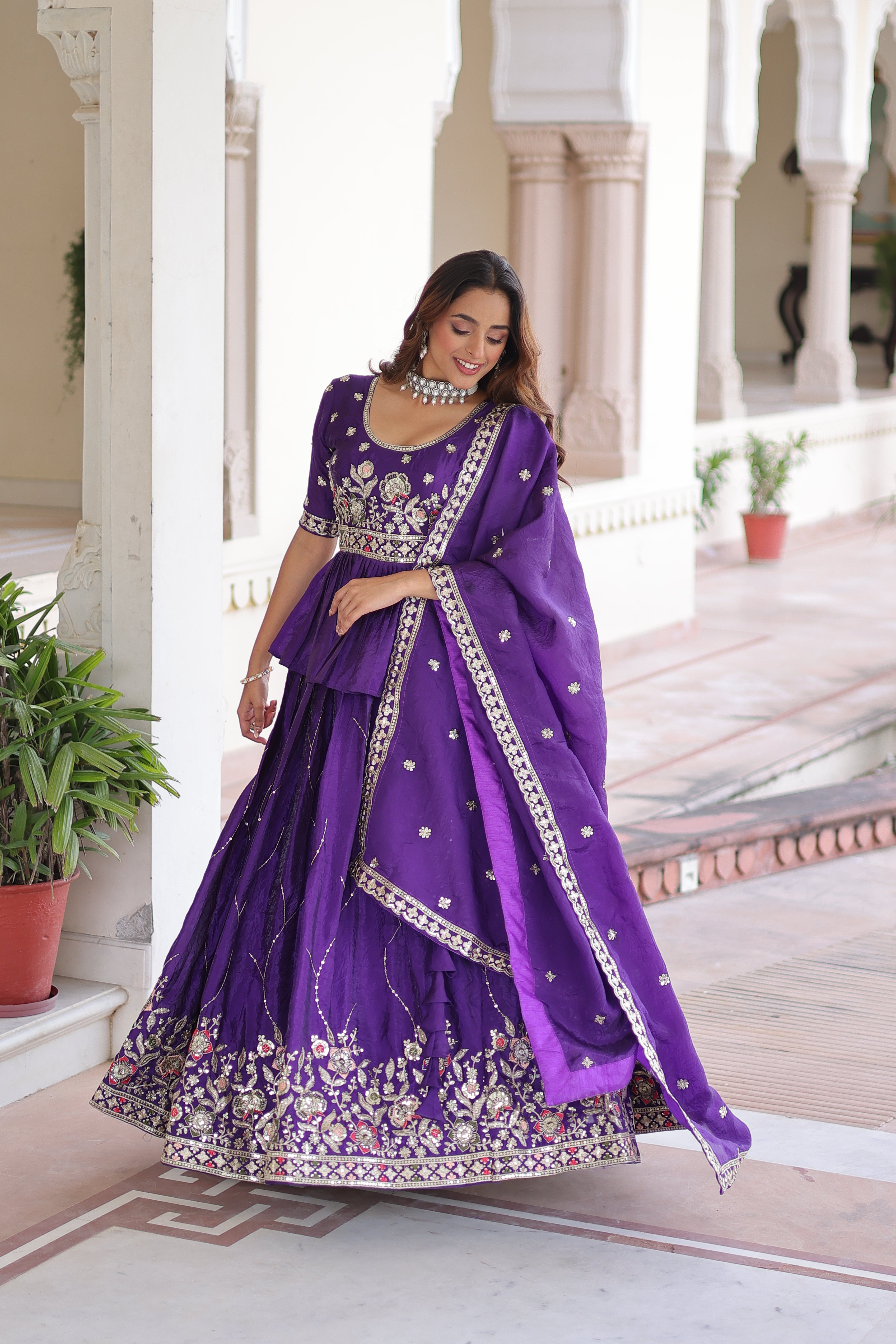 Purple Organza Sequins Festive Lehenga With Peplum Top