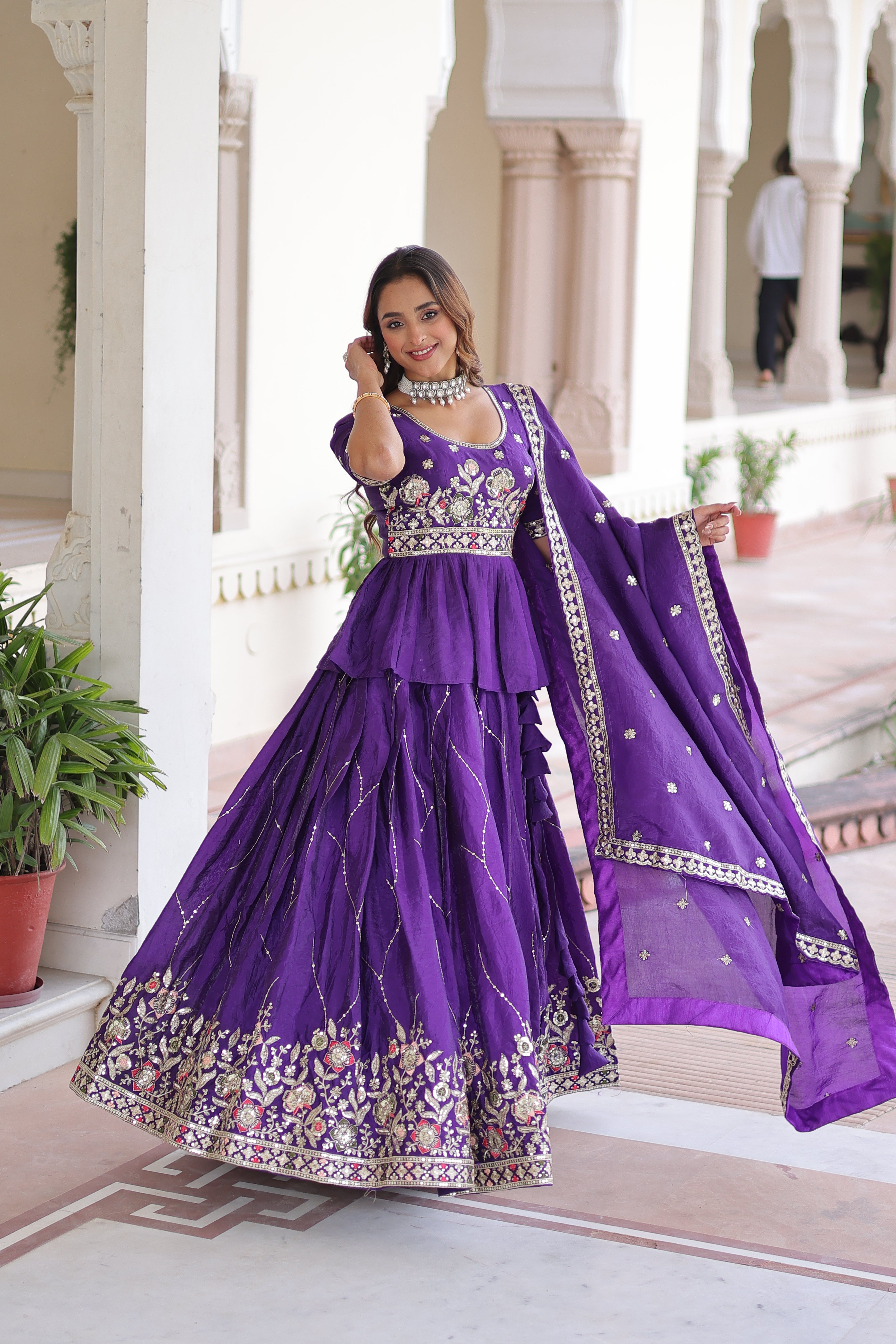 Purple Organza Sequins Festive Lehenga With Peplum Top