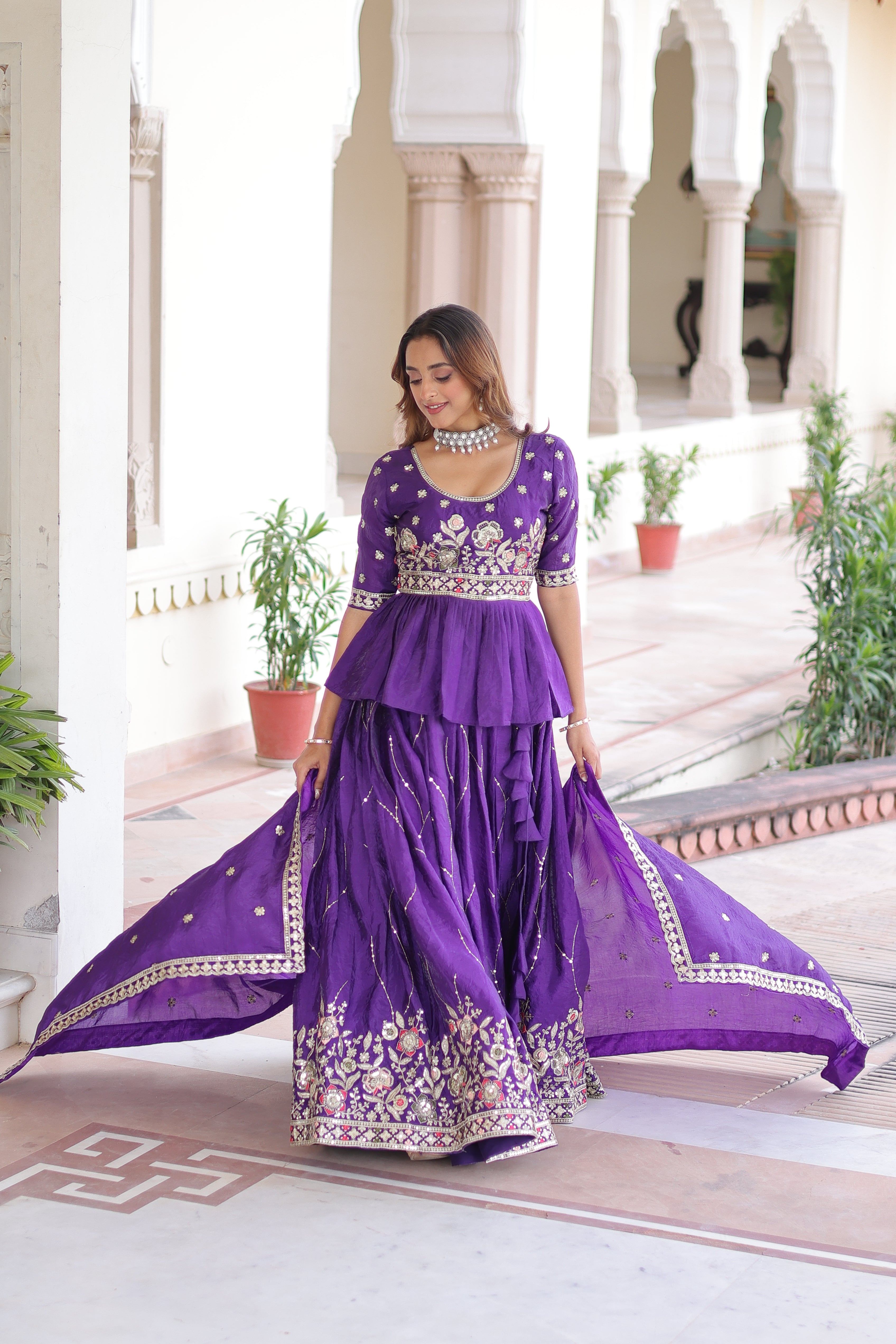 Purple Organza Sequins Festive Lehenga With Peplum Top