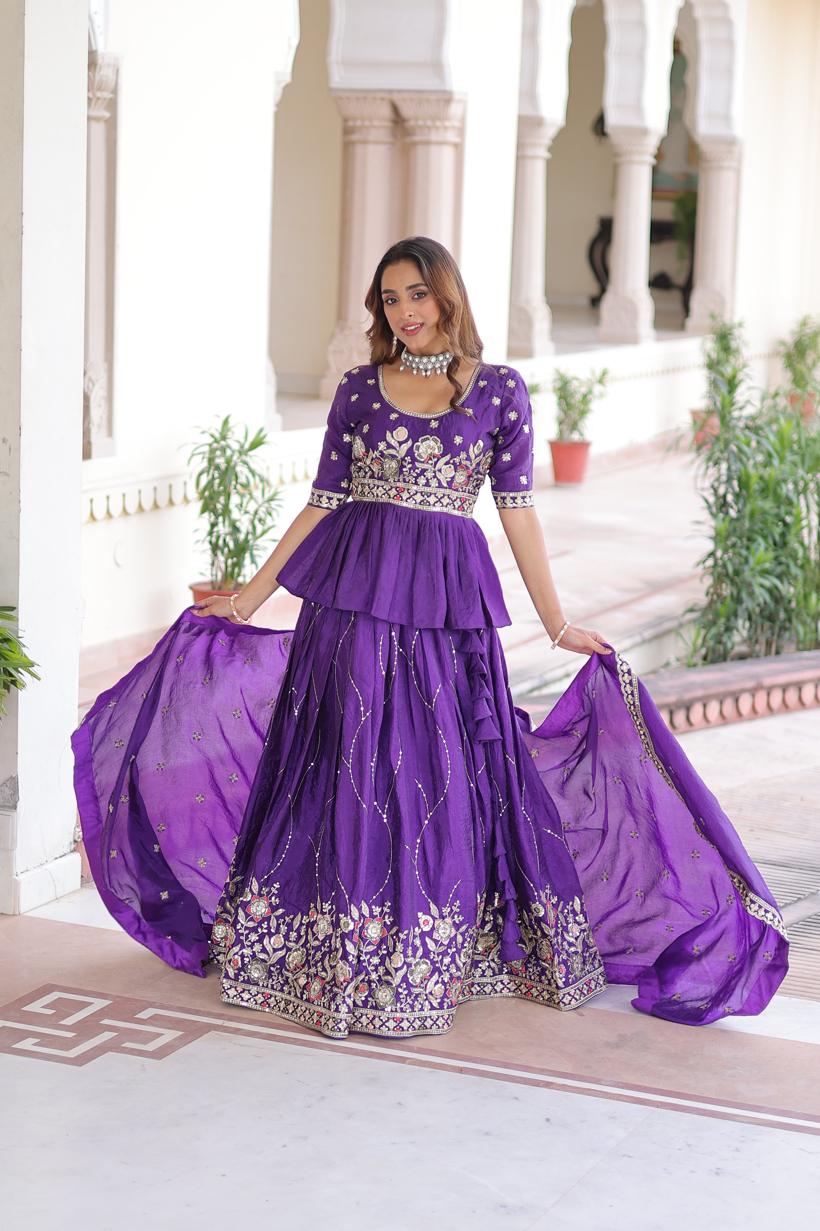 Purple Organza Sequins Festive Lehenga With Peplum Top