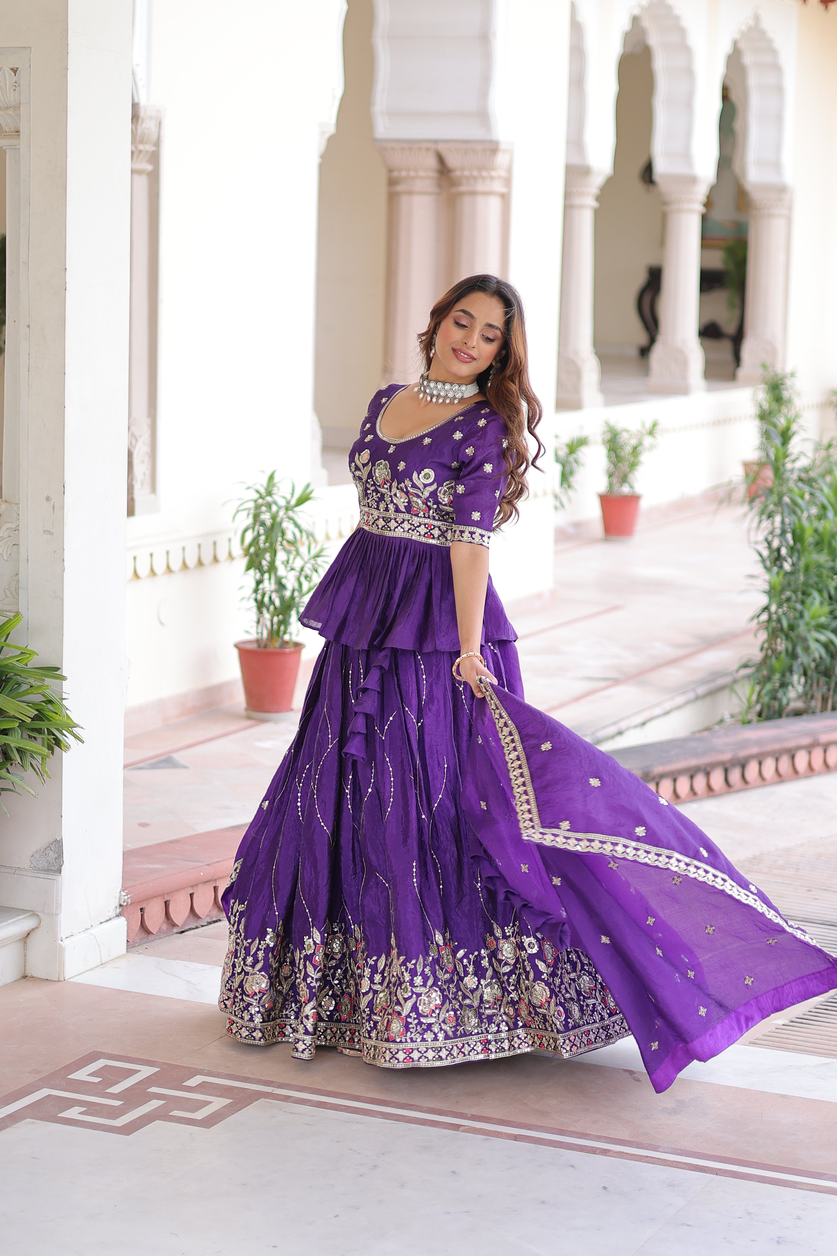 Purple Organza Sequins Festive Lehenga With Peplum Top