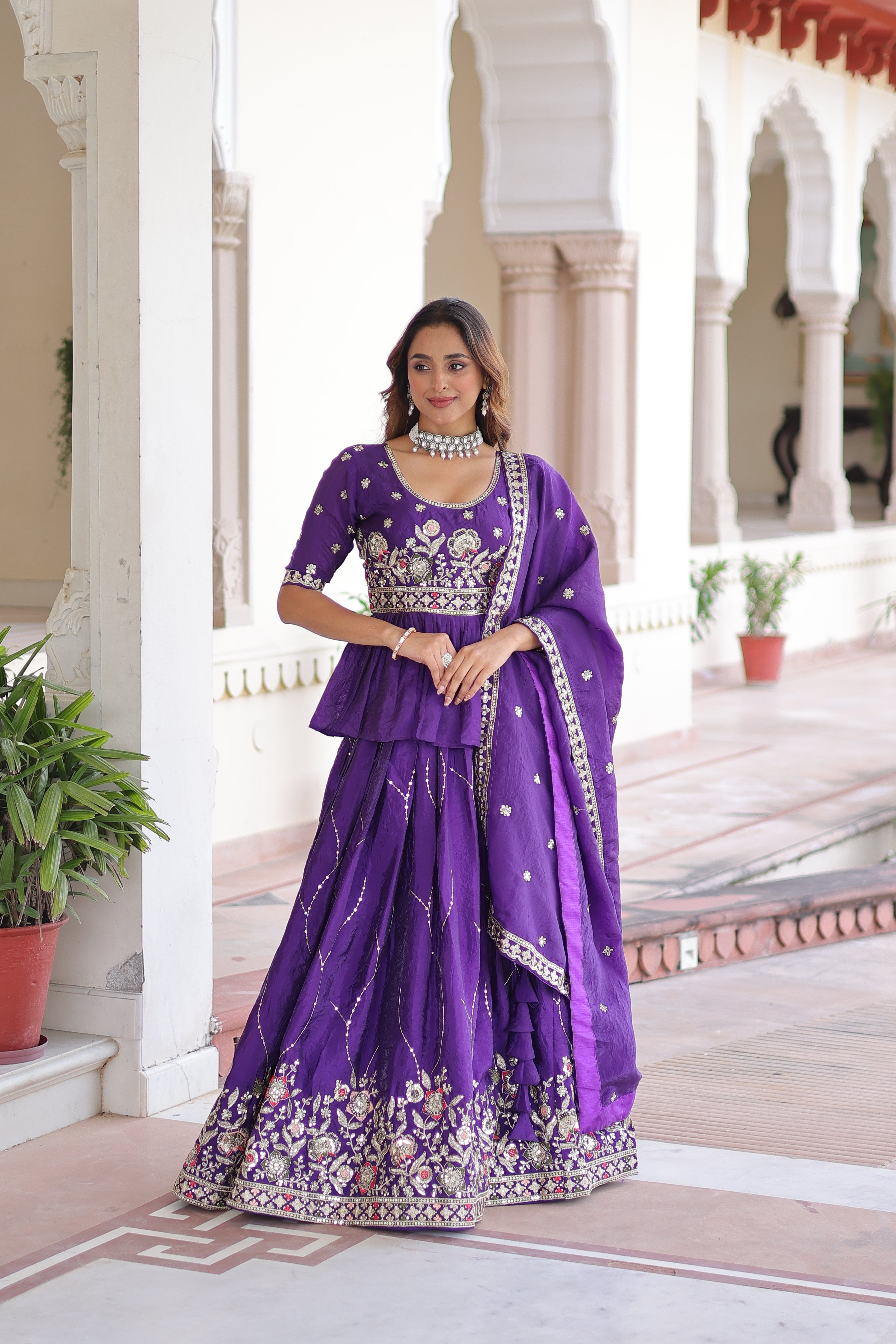 Purple Organza Sequins Festive Lehenga With Peplum Top