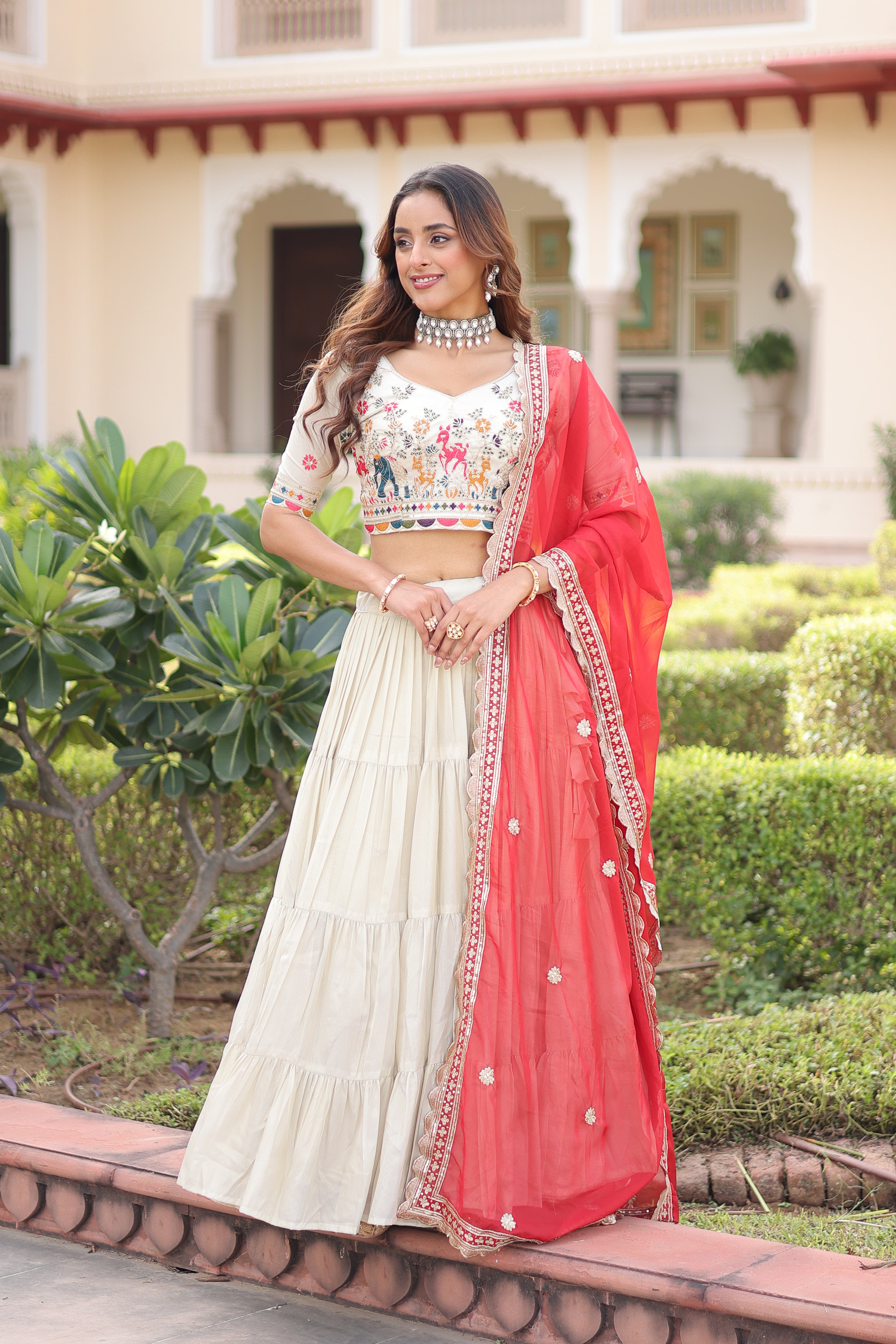 Off-White Silk Embroidered Wedding Lehenga Choli for Women