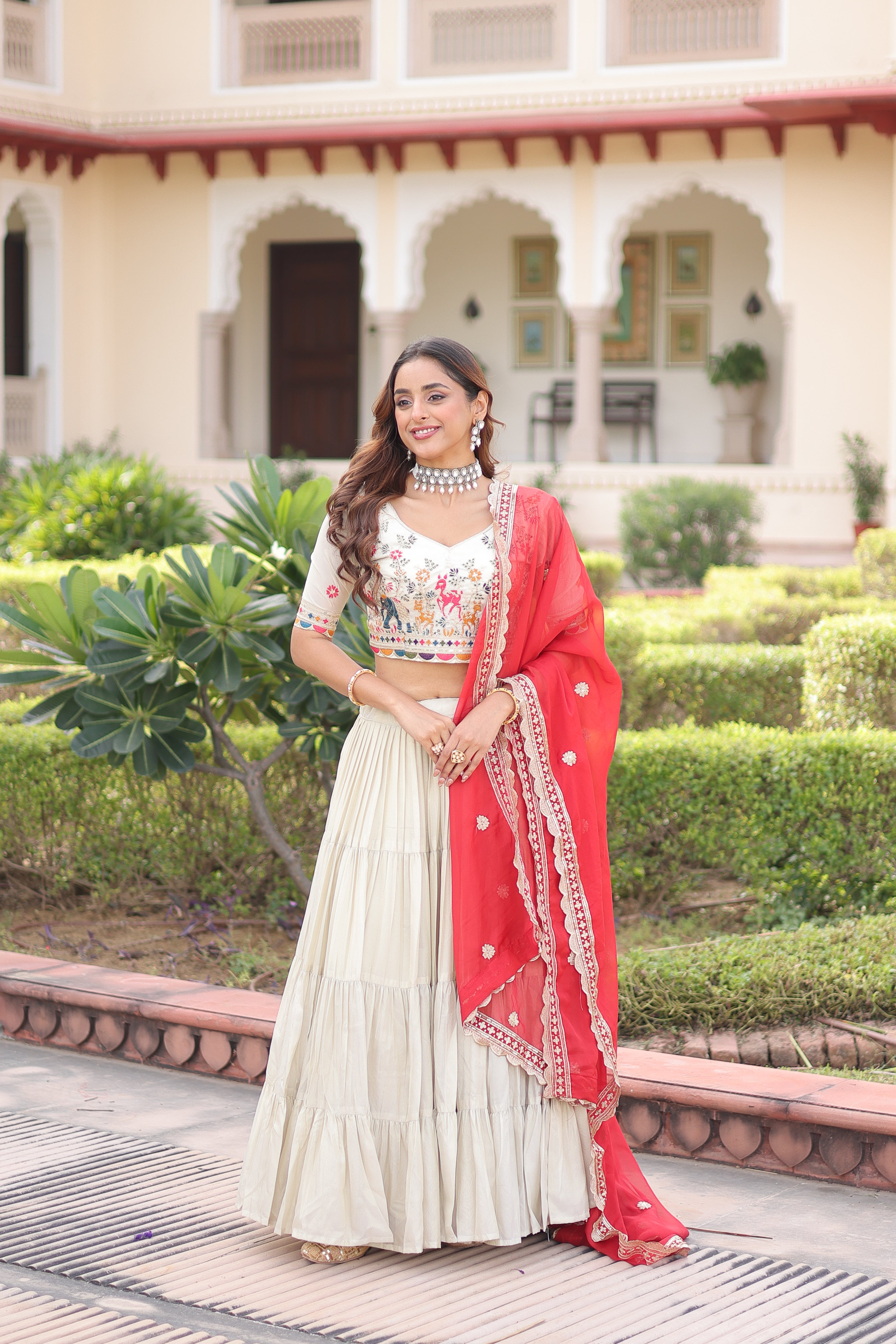Off-White Silk Embroidered Wedding Lehenga Choli for Women
