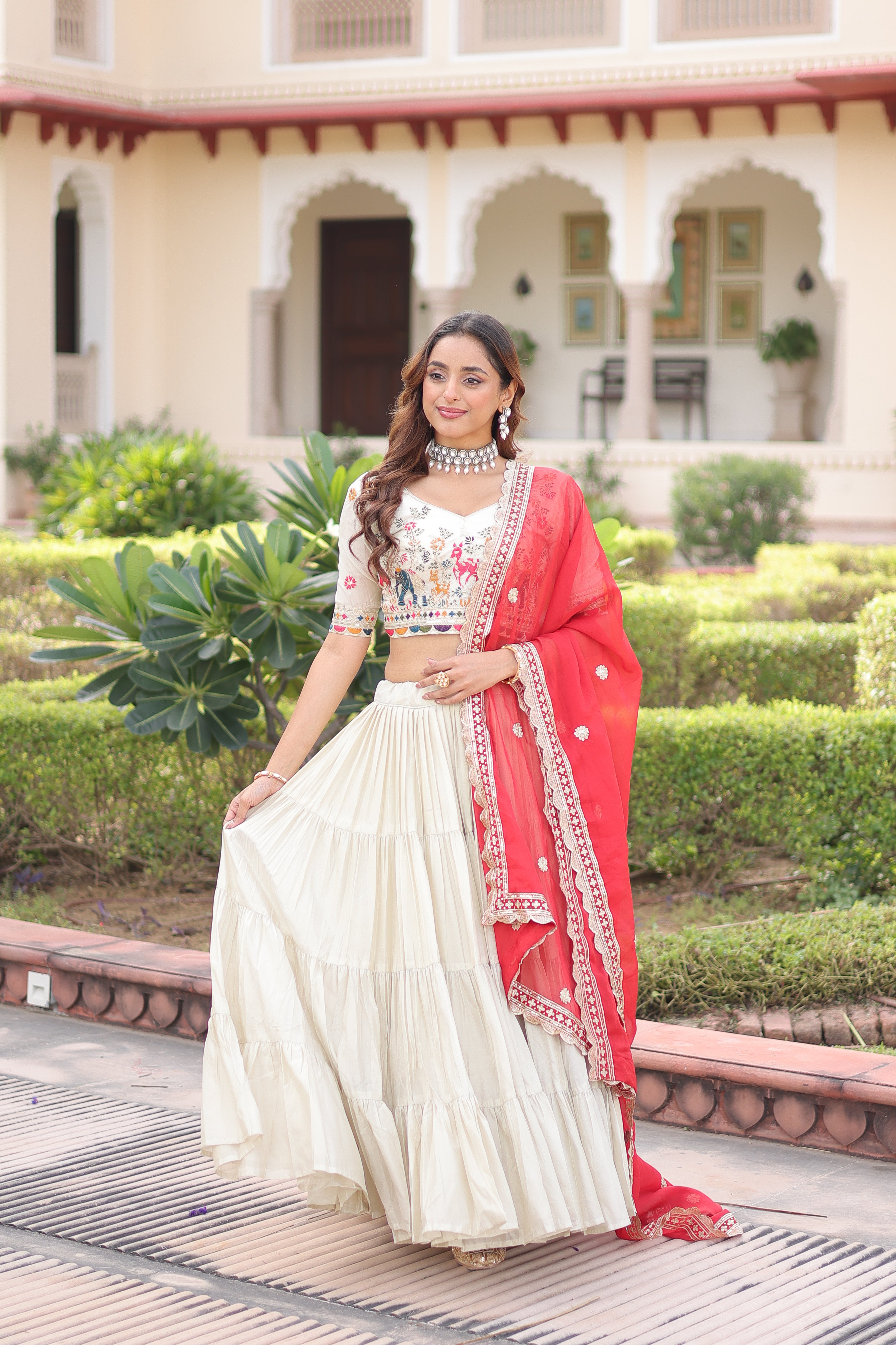 Off-White Silk Embroidered Wedding Lehenga Choli for Women