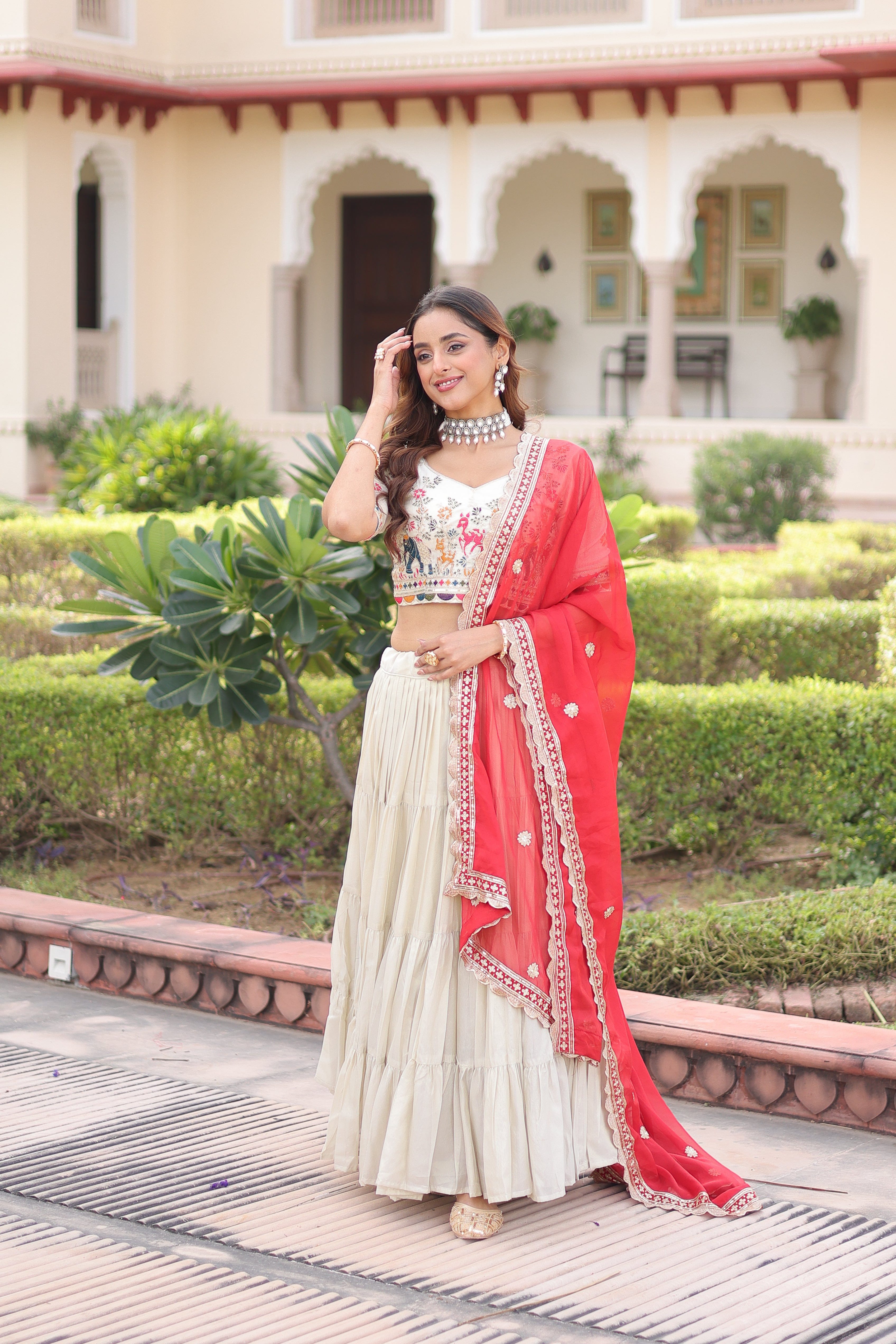 Off-White Silk Embroidered Wedding Lehenga Choli for Women