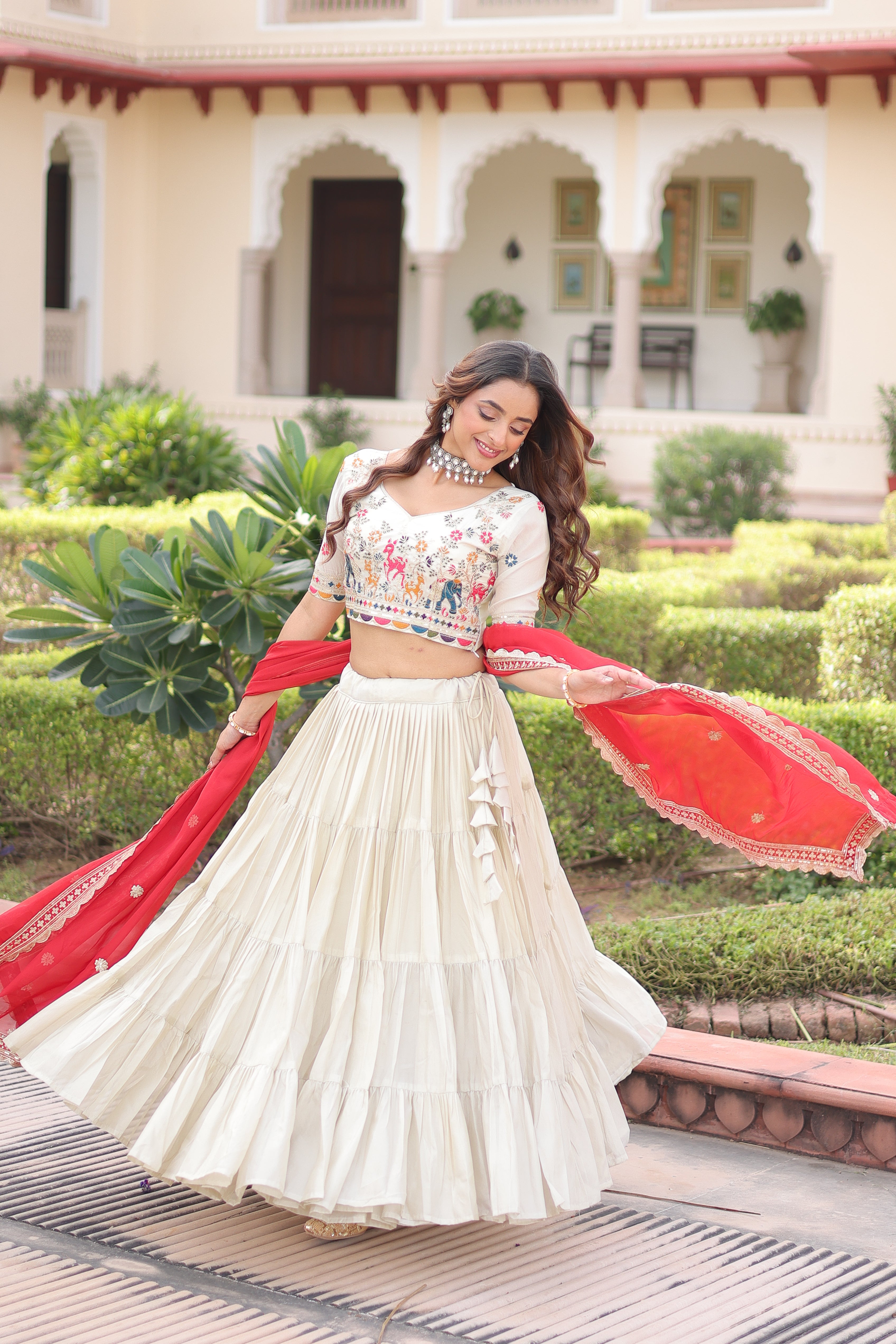 Off-White Silk Embroidered Wedding Lehenga Choli for Women