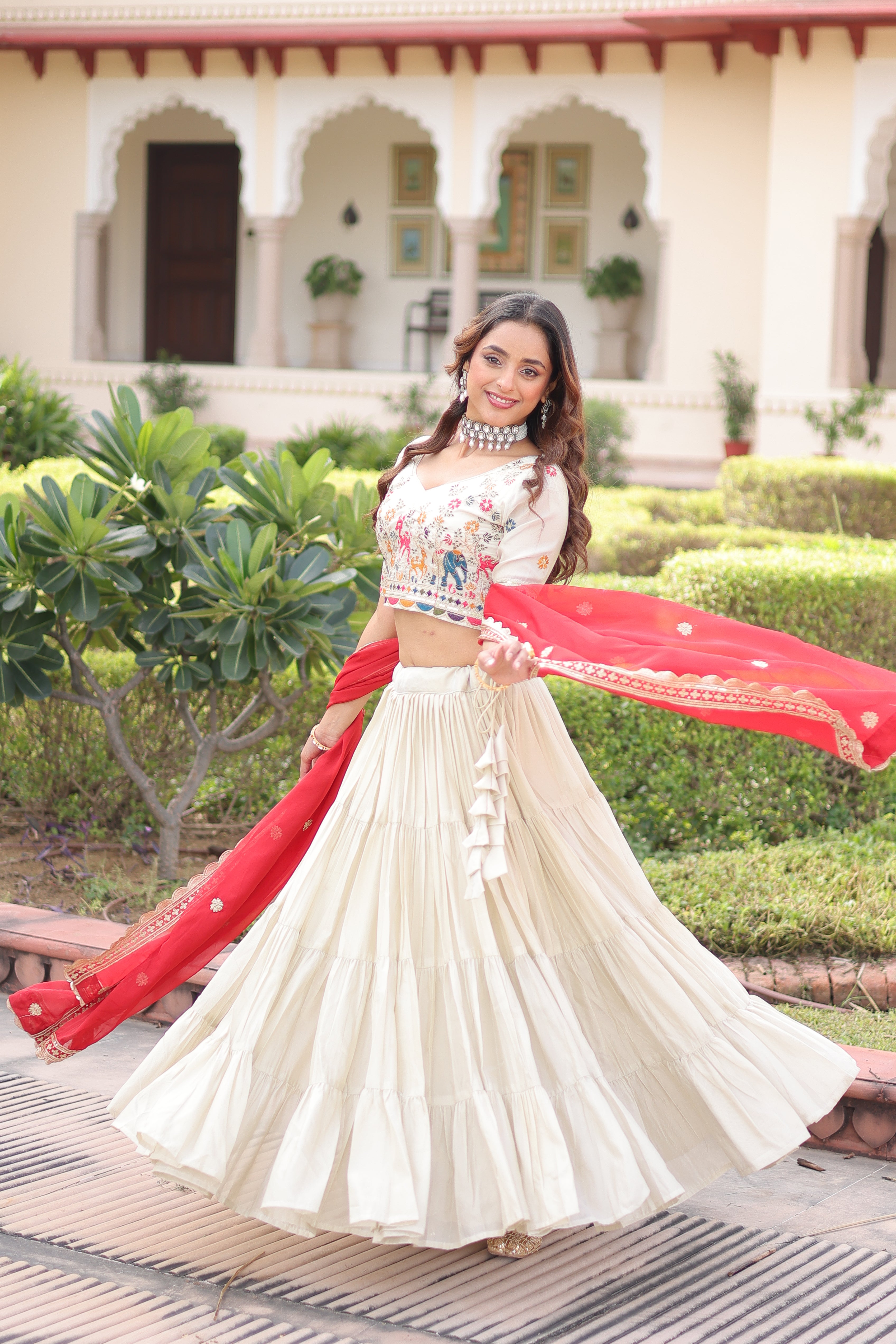 Off-White Silk Embroidered Wedding Lehenga Choli for Women