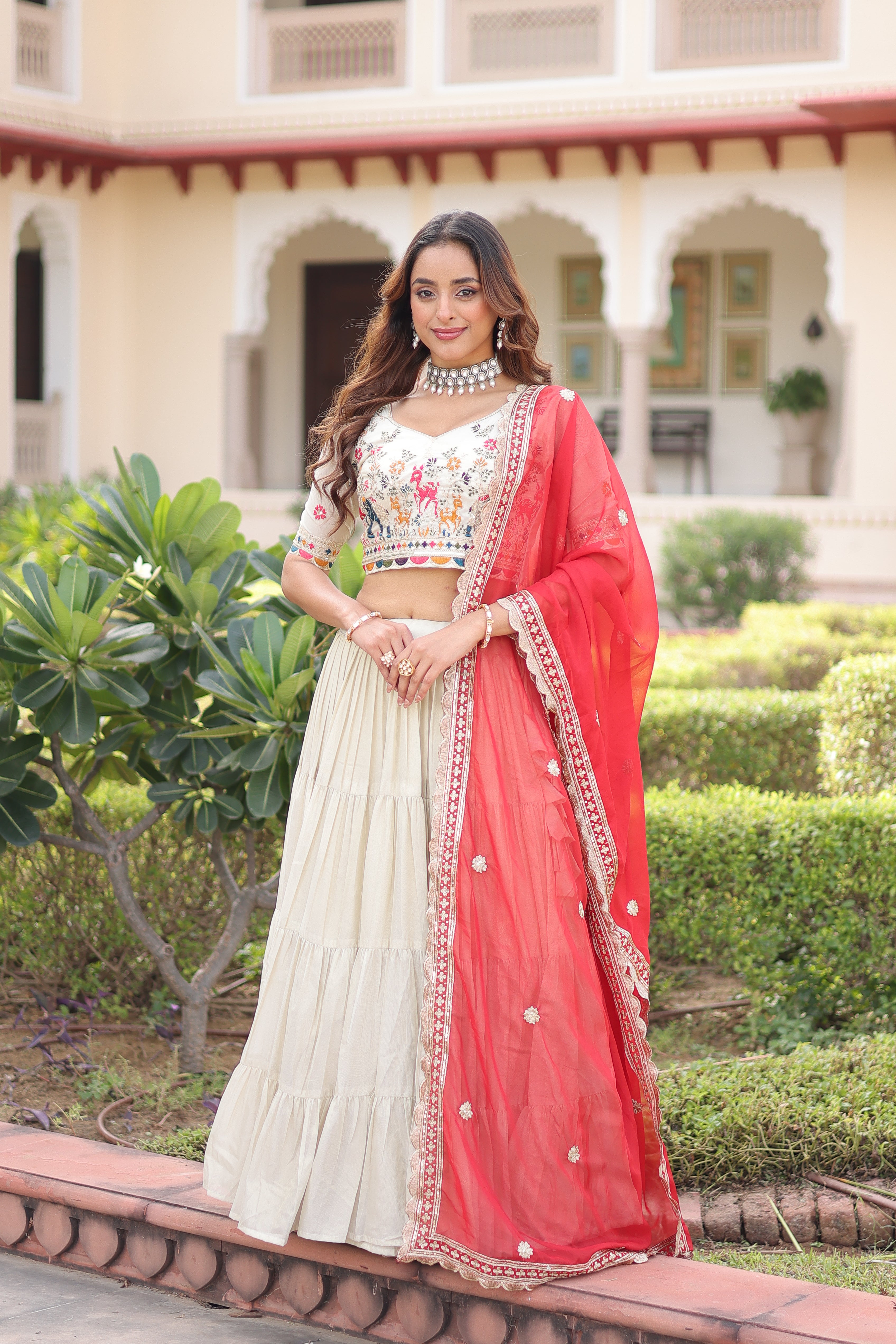 Off-White Silk Embroidered Wedding Lehenga Choli for Women