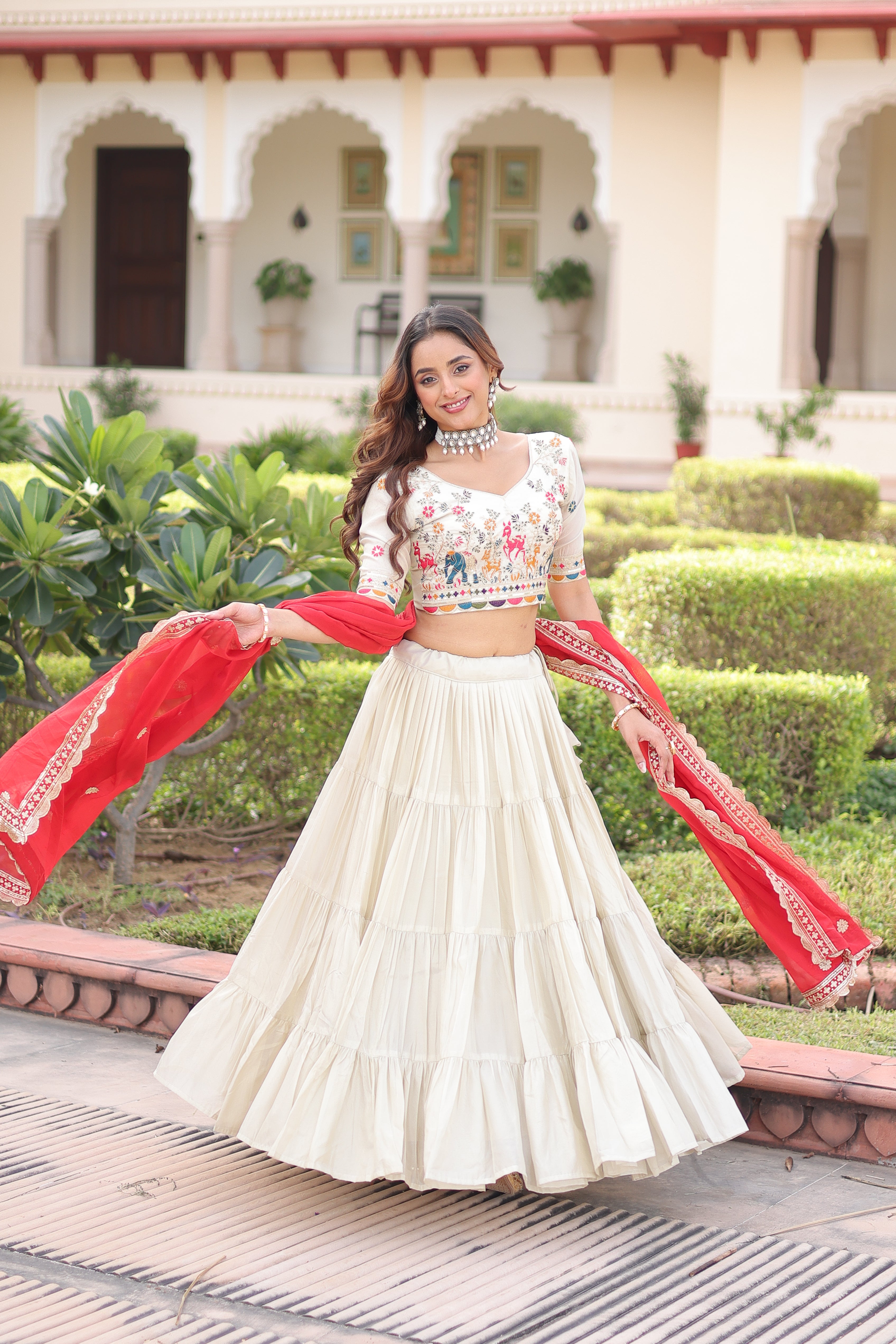 Off-White Silk Embroidered Wedding Lehenga Choli for Women