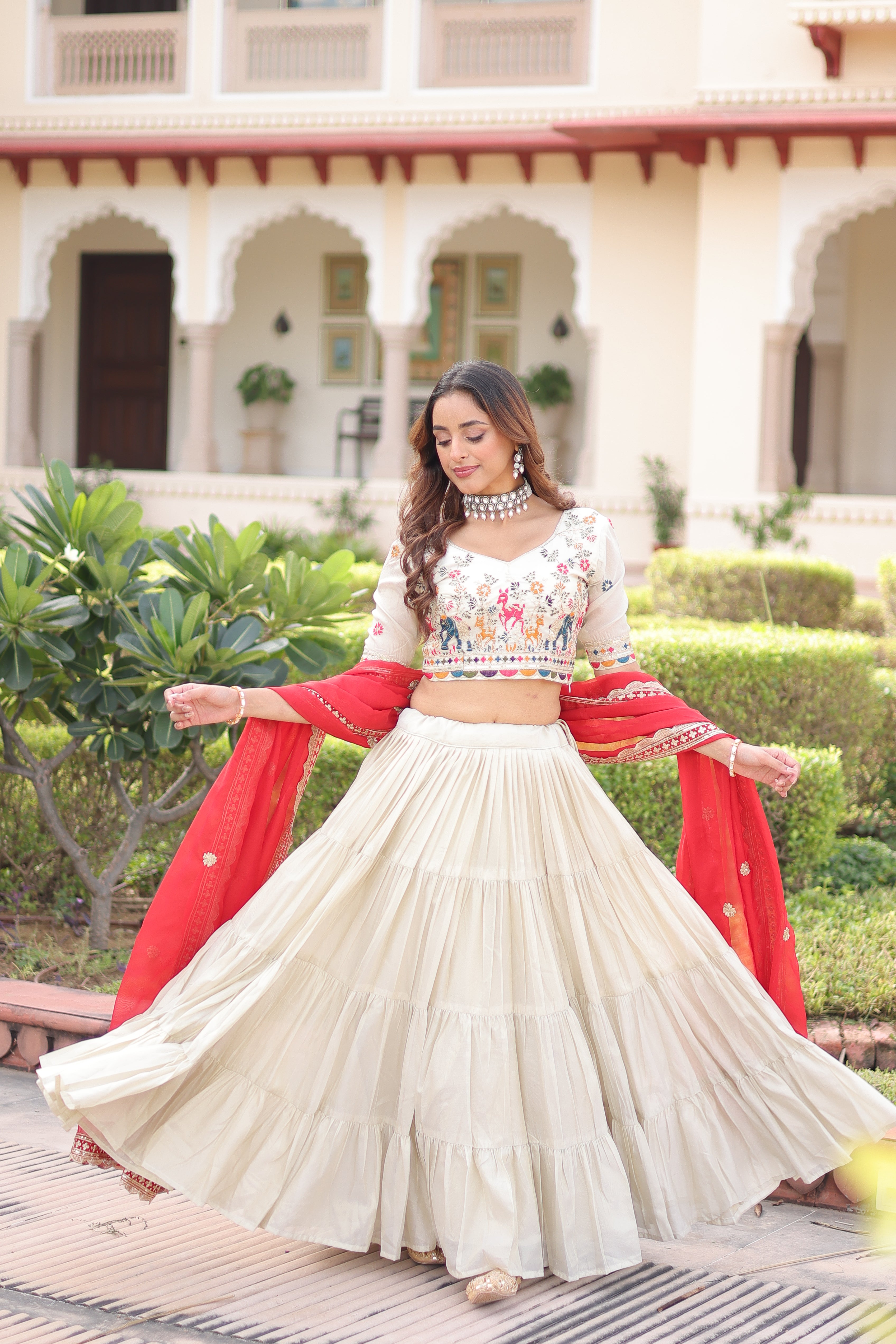 Off-White Silk Embroidered Wedding Lehenga Choli for Women