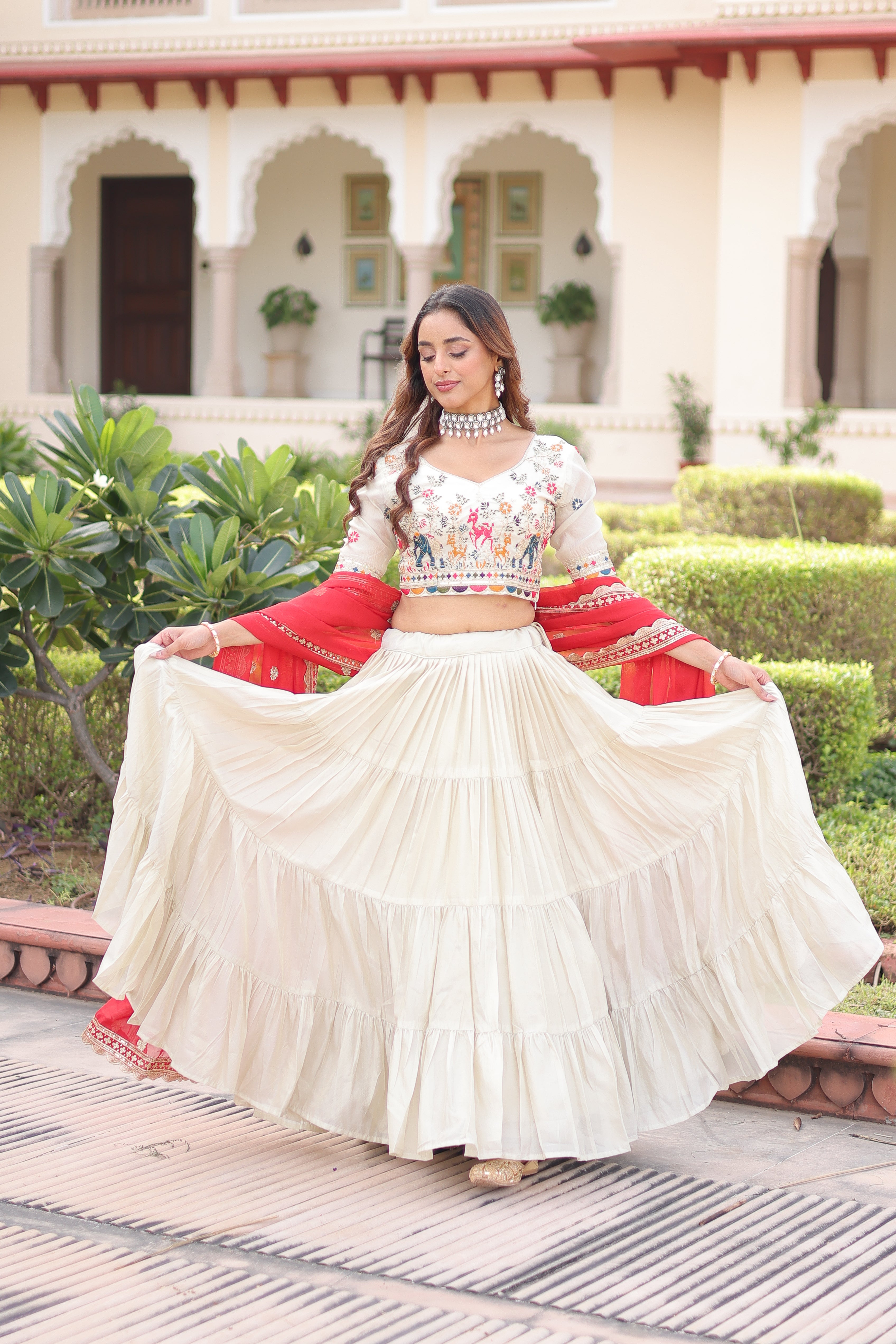 Off-White Silk Embroidered Wedding Lehenga Choli for Women