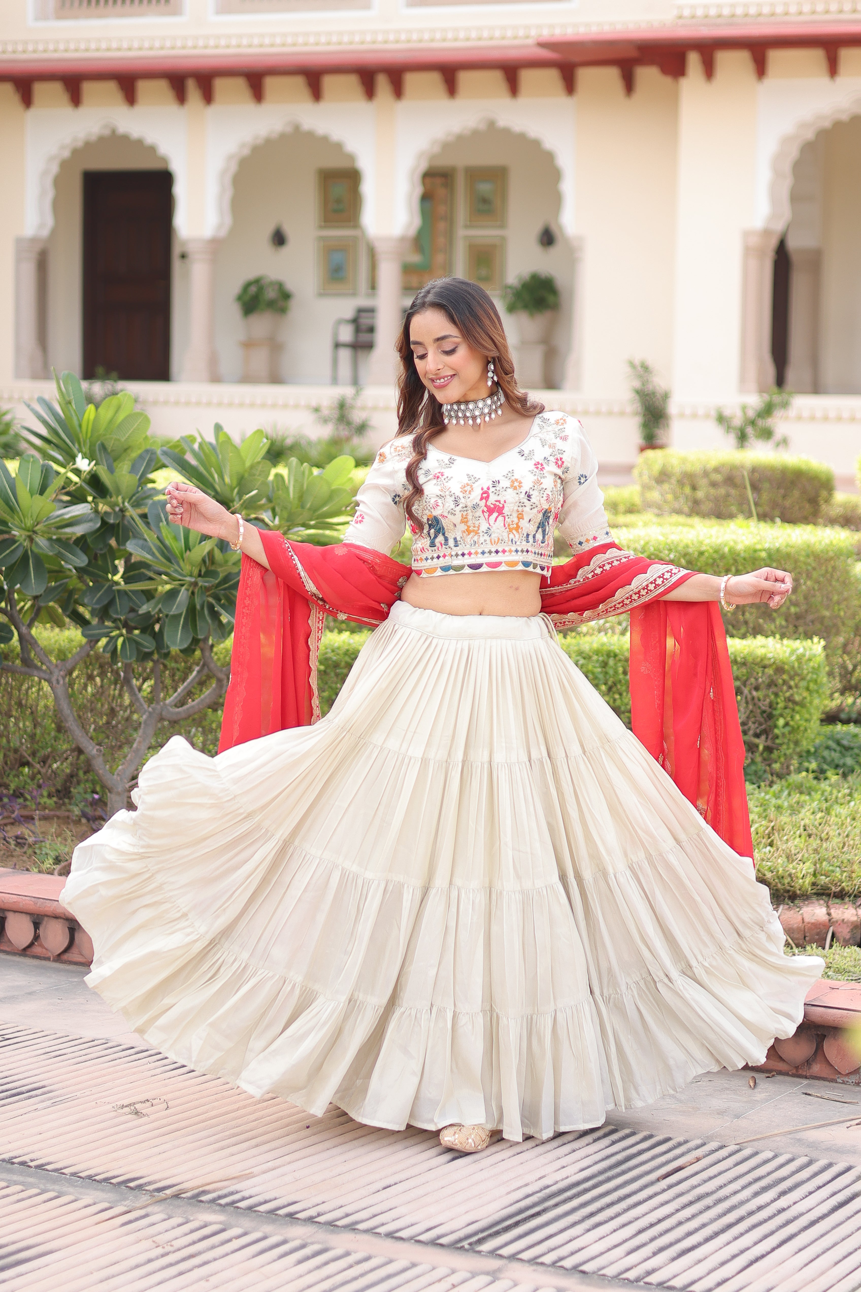Off-White Silk Embroidered Wedding Lehenga Choli for Women