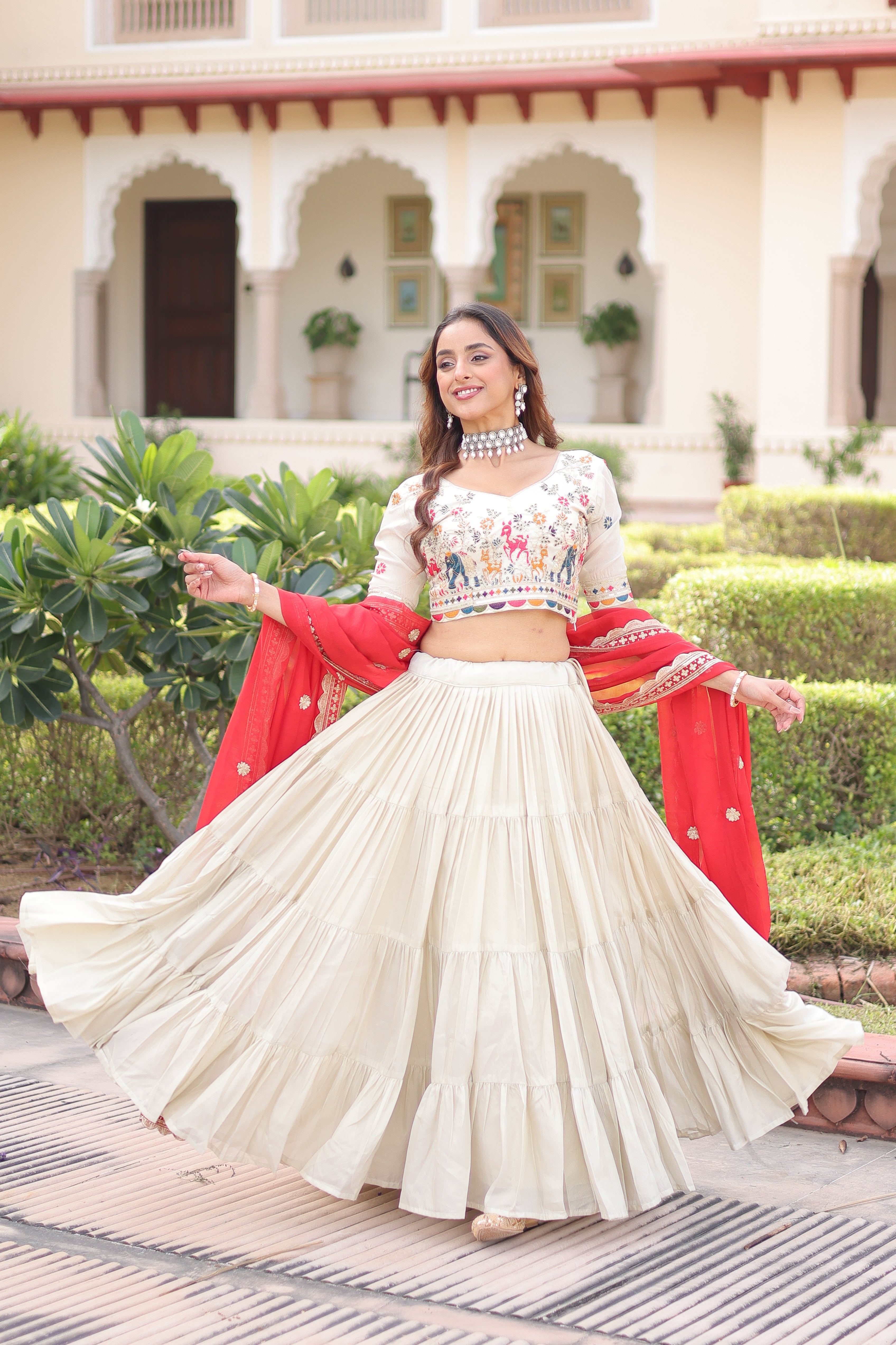 Off-White Silk Embroidered Wedding Lehenga Choli for Women