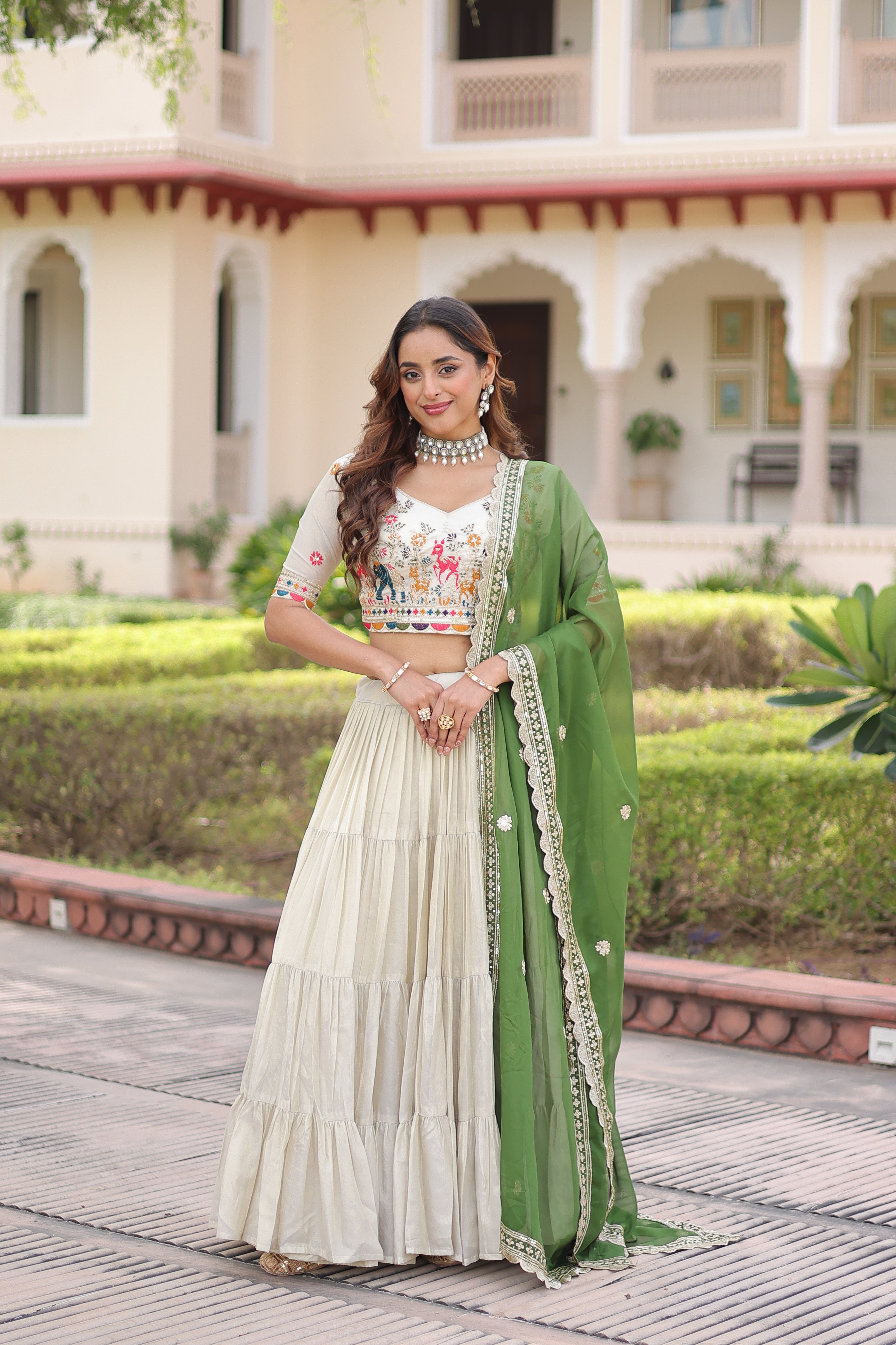 Off-White Silk Embroidered Wedding Lehenga Choli for Women