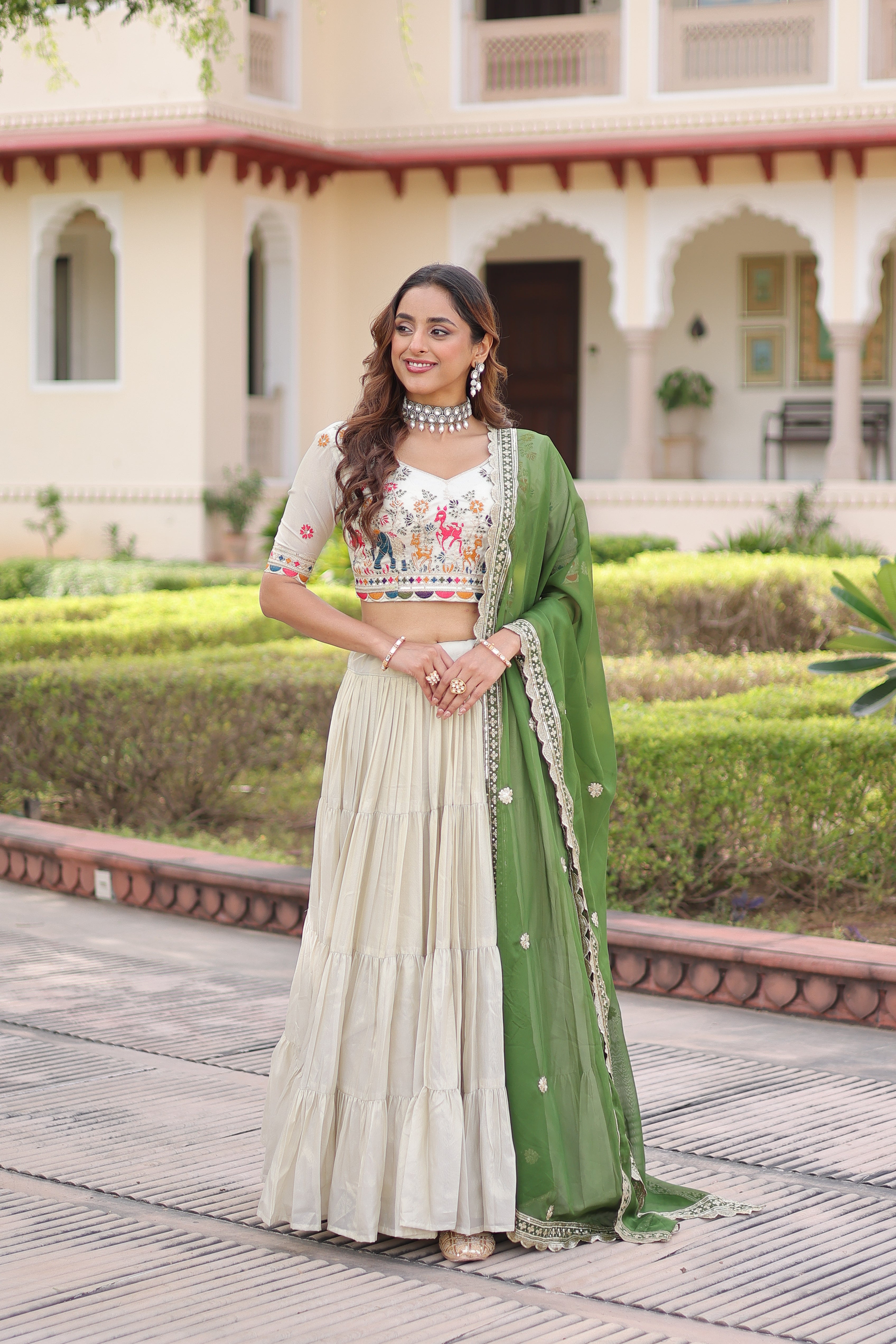 Off-White Silk Embroidered Wedding Lehenga Choli for Women