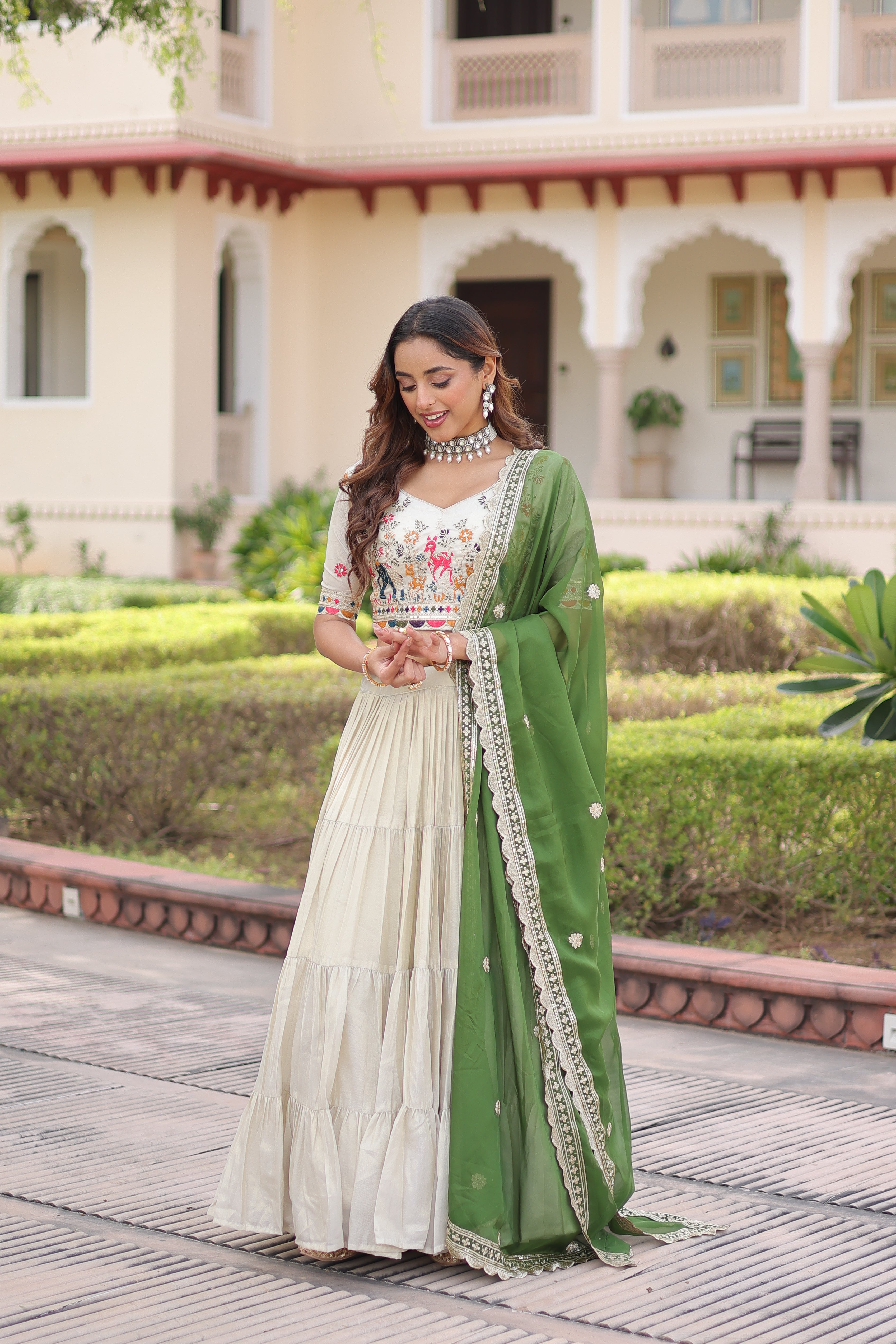 Off-White Silk Embroidered Wedding Lehenga Choli for Women