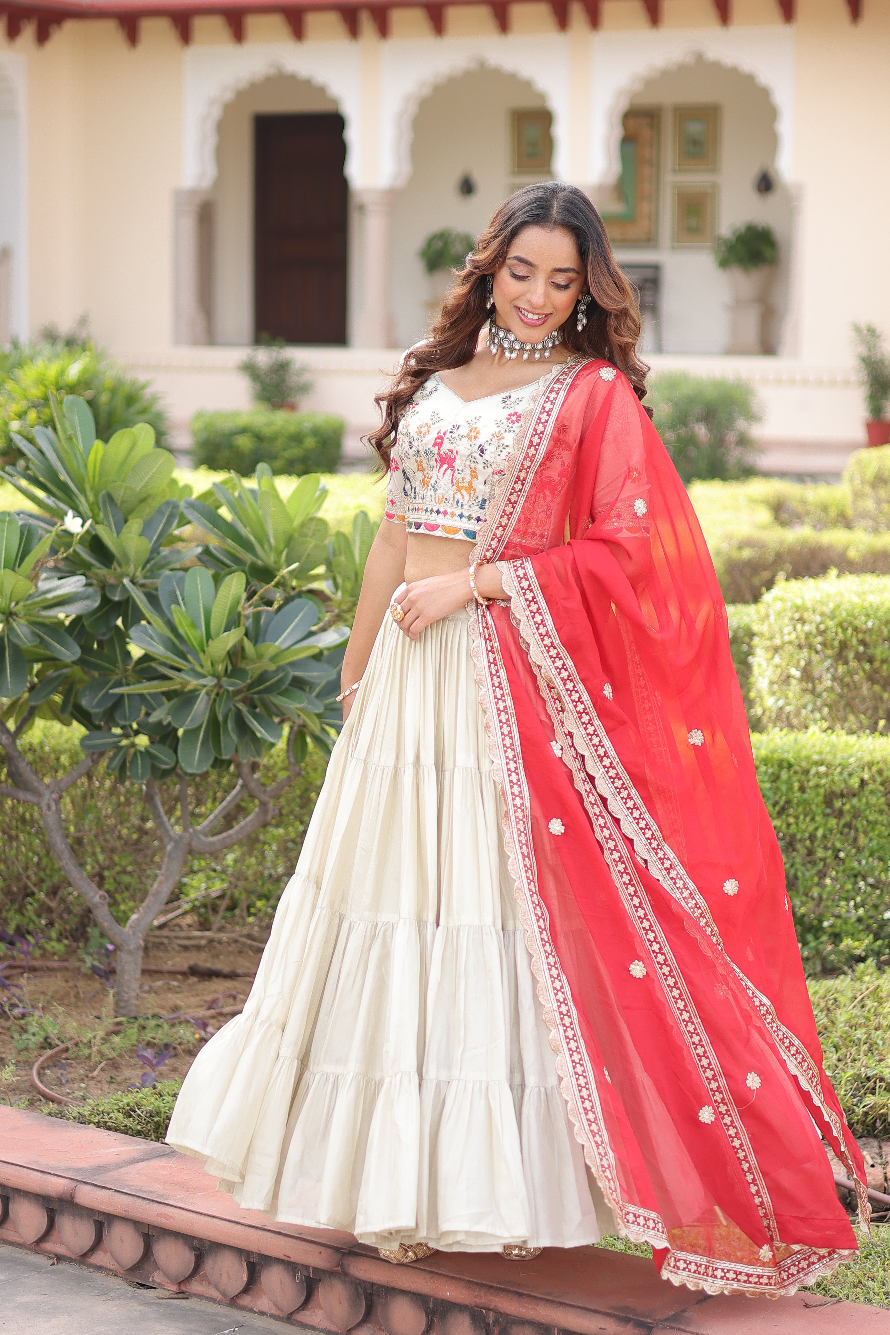 Off-White Silk Embroidered Wedding Lehenga Choli for Women