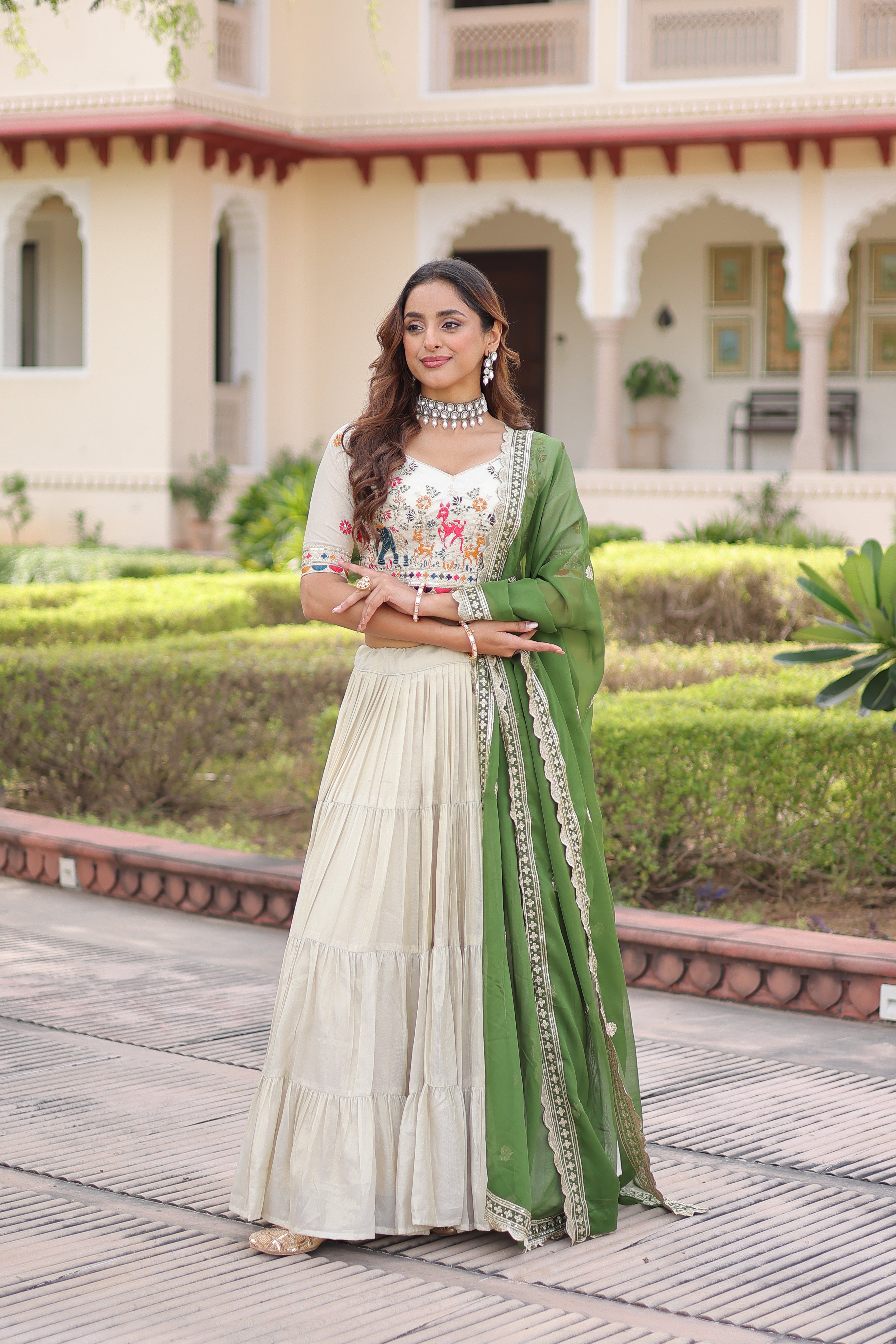 Off-White Silk Embroidered Wedding Lehenga Choli for Women