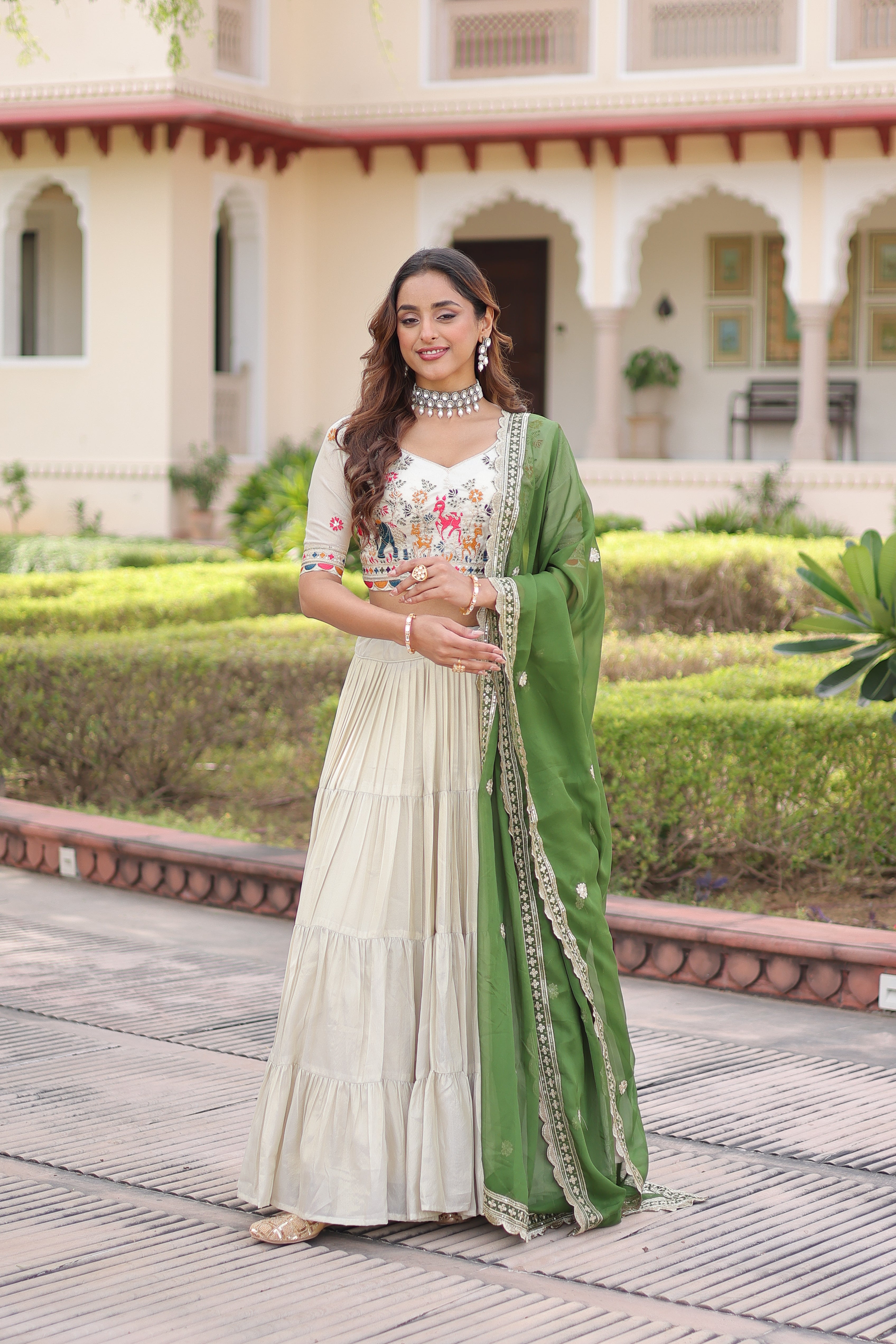 Off-White Silk Embroidered Wedding Lehenga Choli for Women