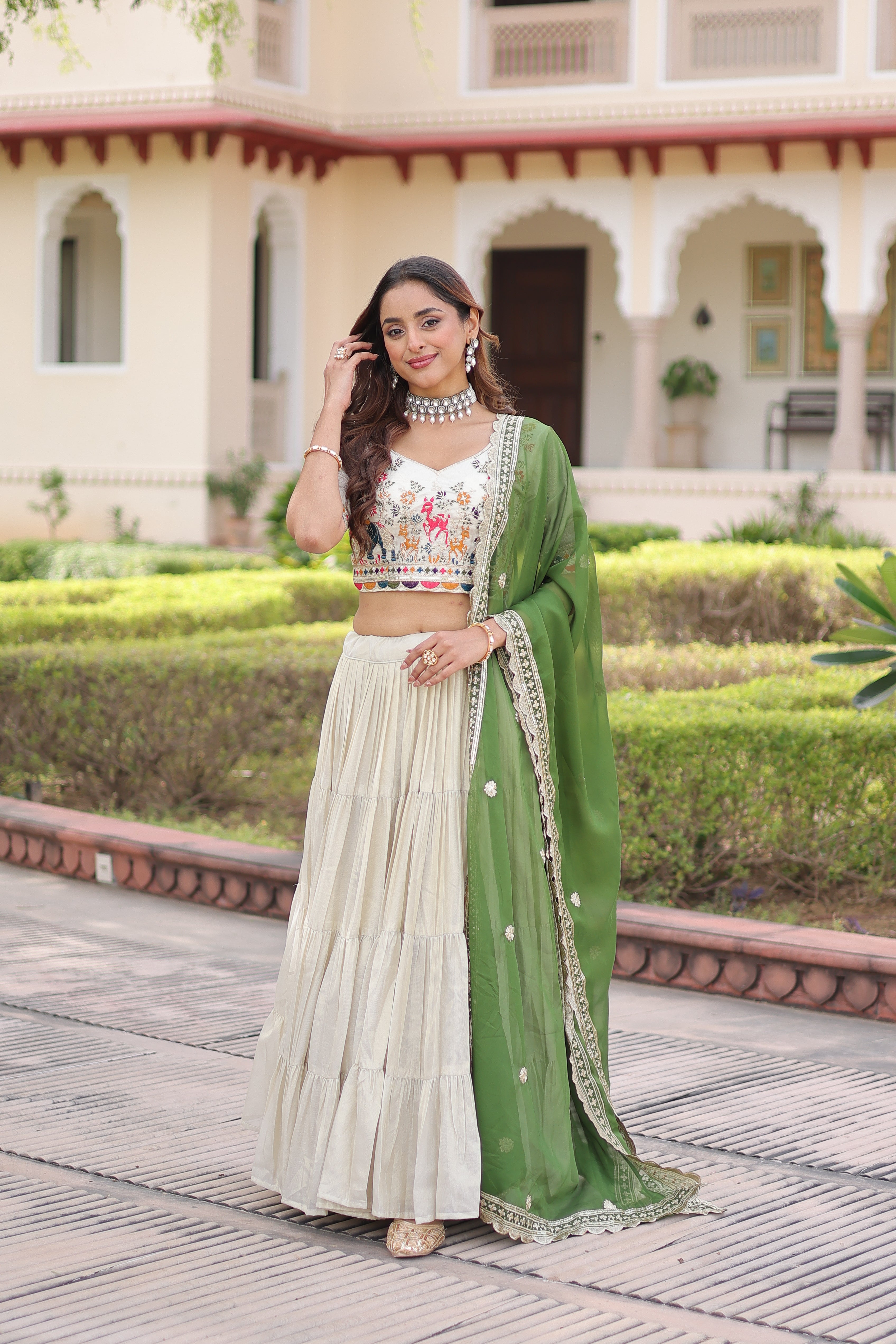 Off-White Silk Embroidered Wedding Lehenga Choli for Women