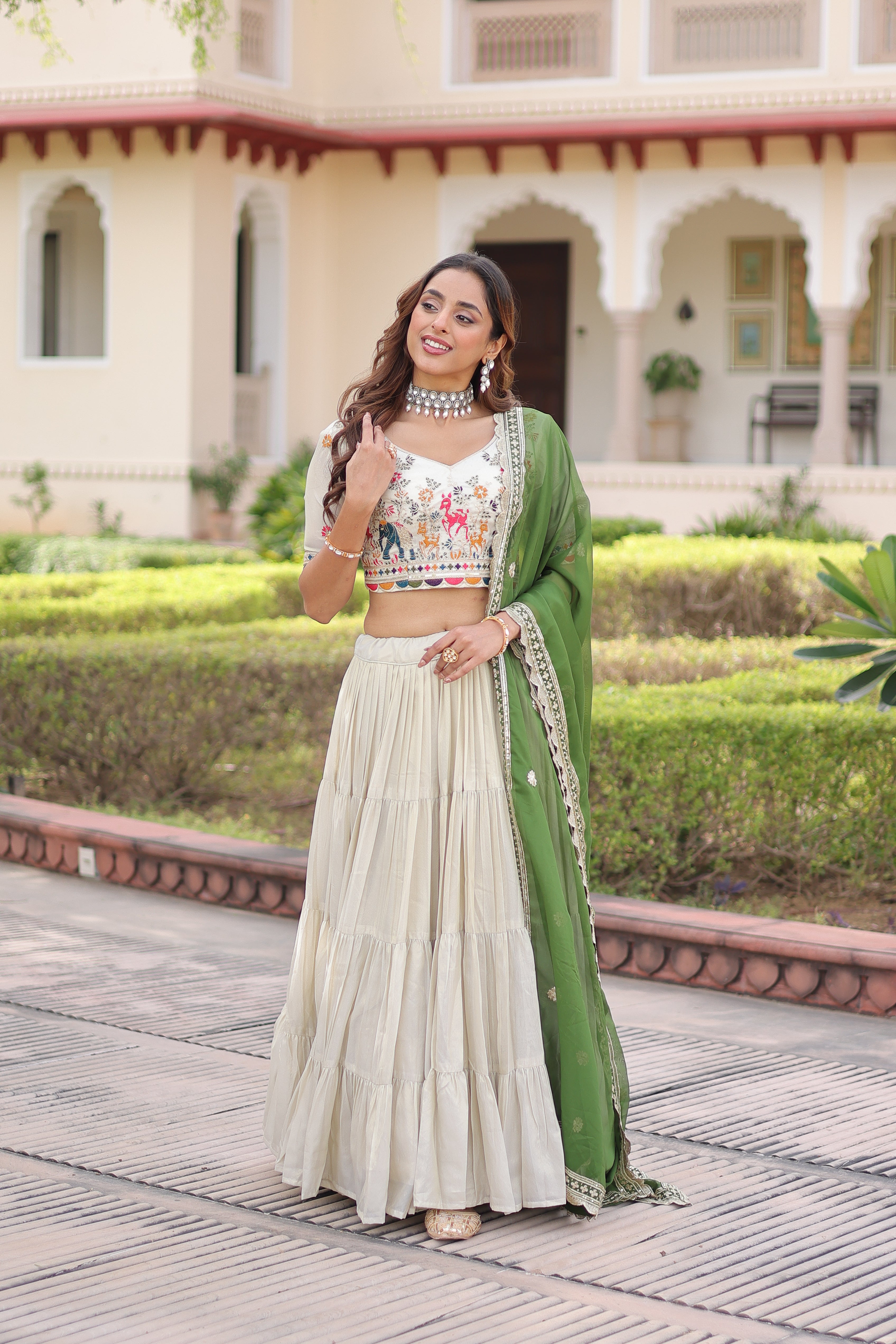 Off-White Silk Embroidered Wedding Lehenga Choli for Women